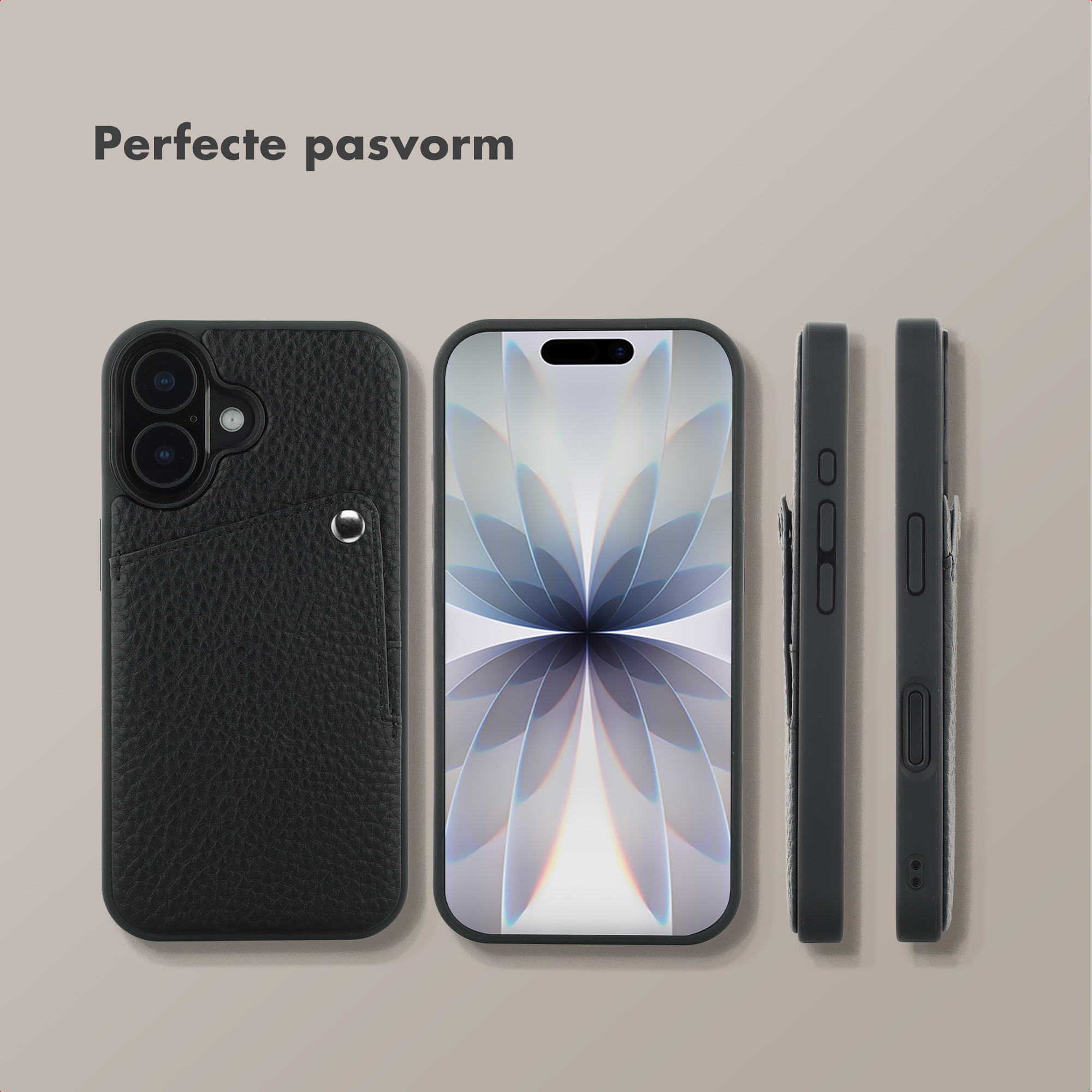 Coque de téléphone noire avec poche, à côté d'un téléphone et vues latérales.