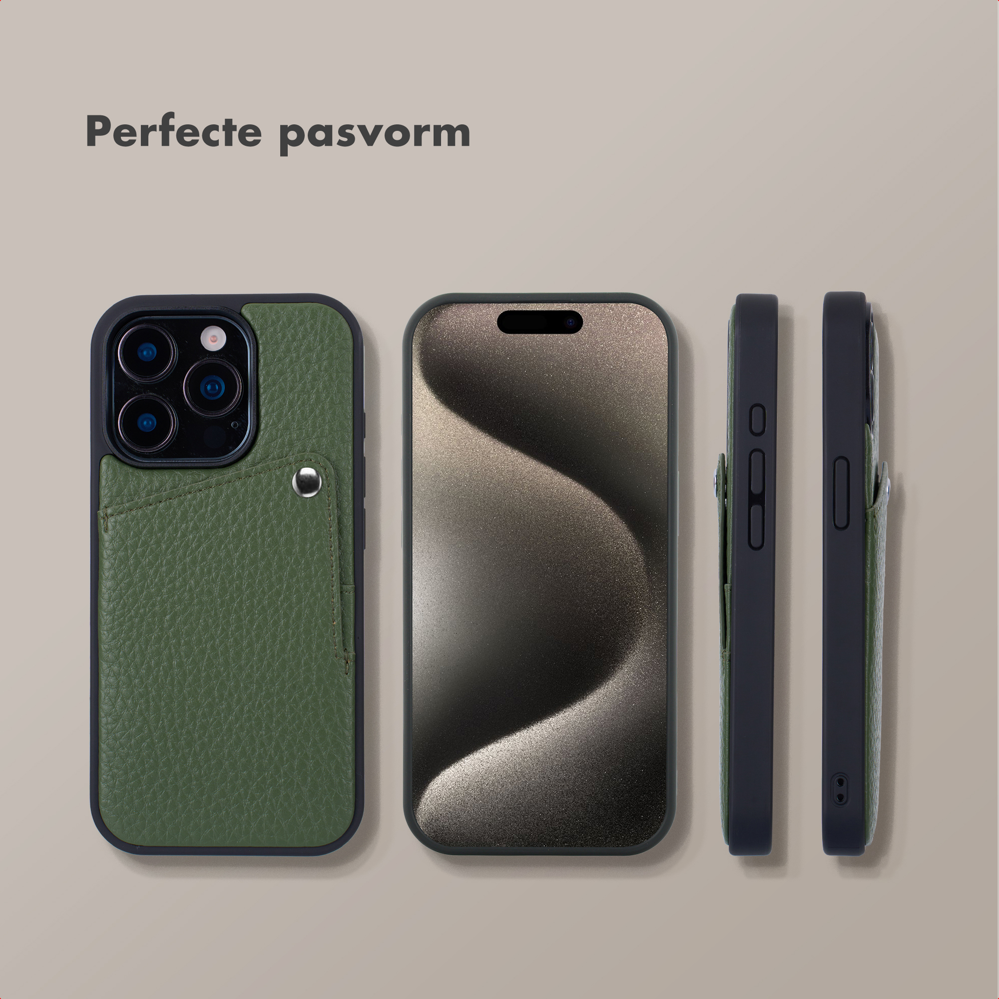 Étui en cuir vert avec fente pour carte, téléphone et vues de côté.