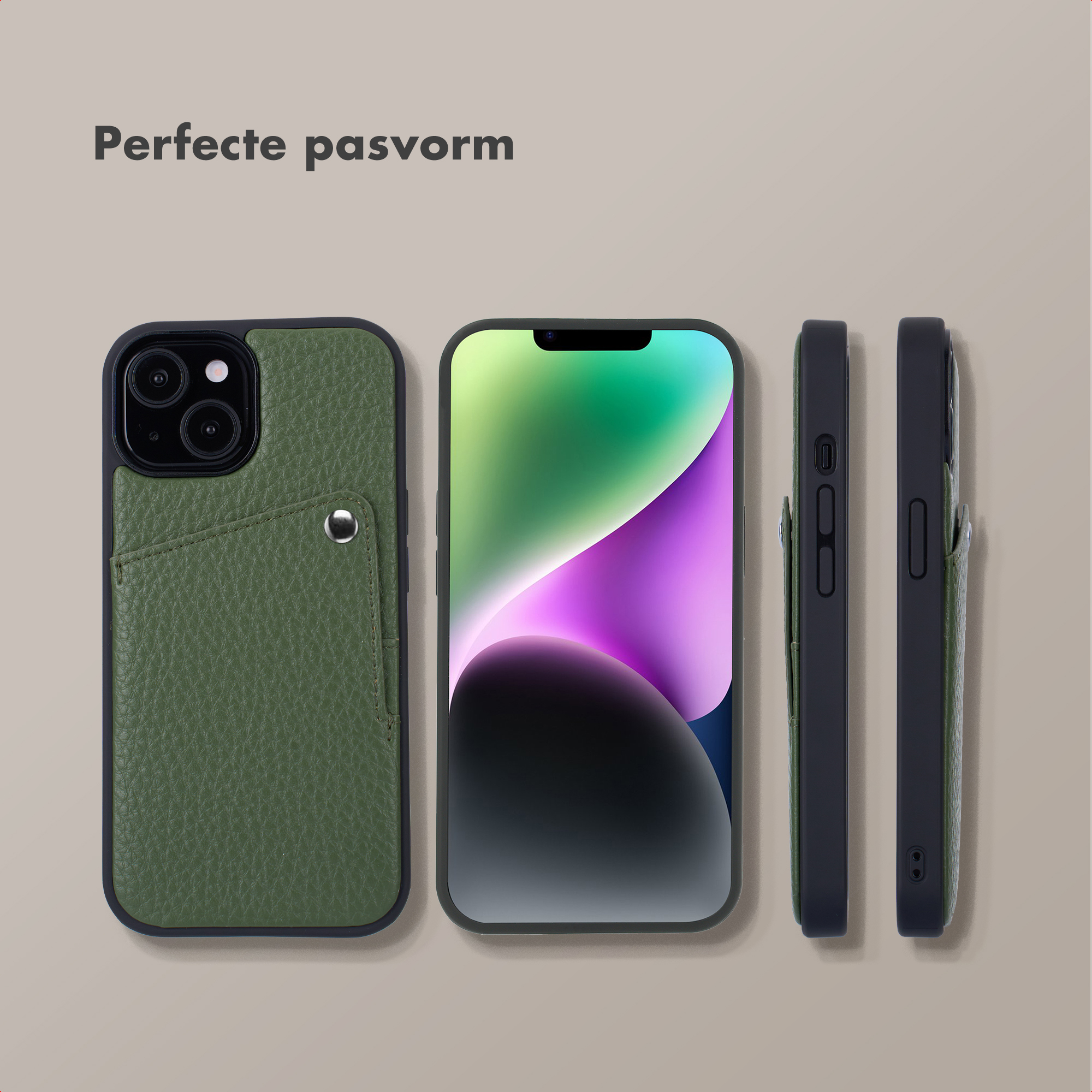 Coque de téléphone verte avec poche, à côté un smartphone avec écran coloré.
