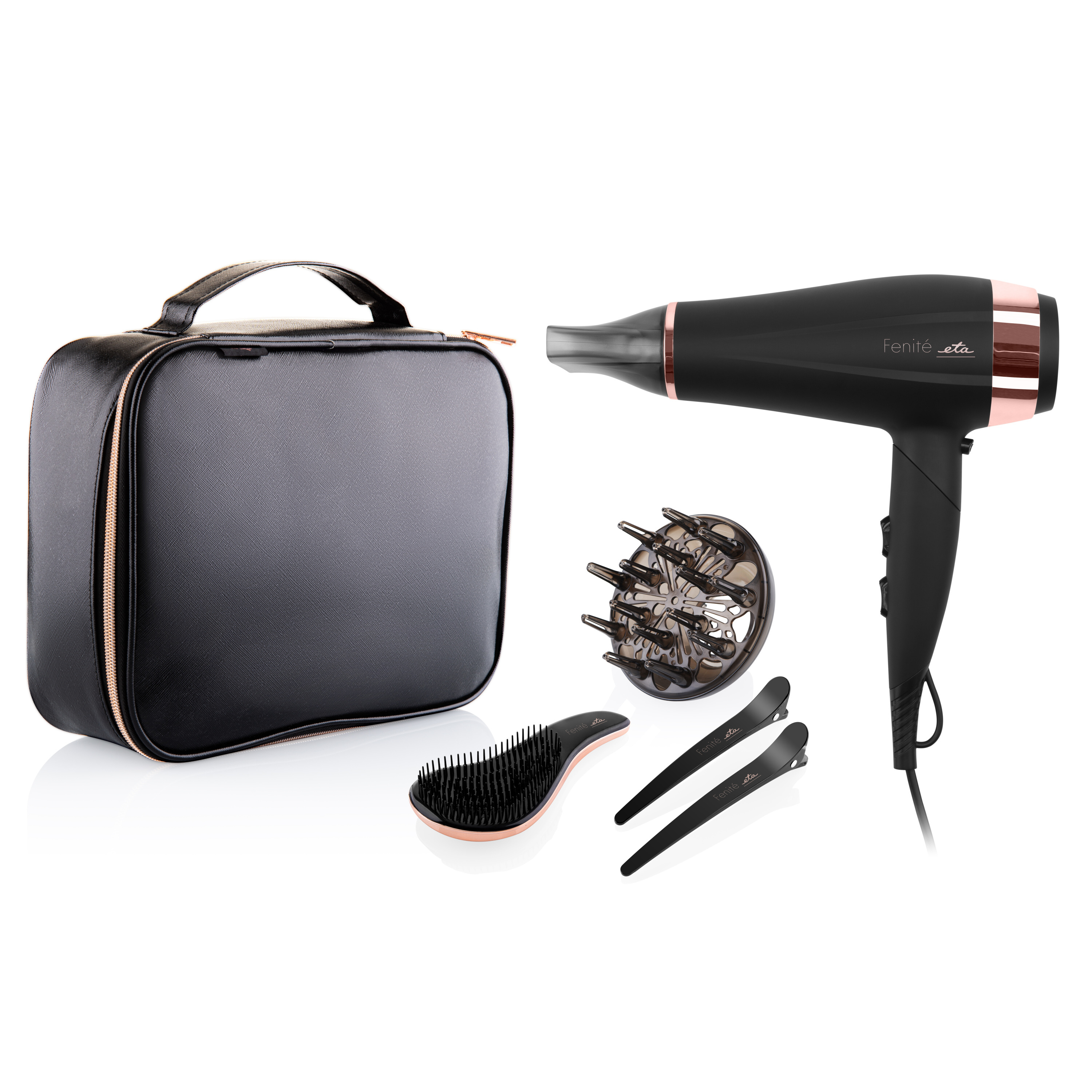 Schwarzer Haartrockner mit Zubehör: Tasche, Diffusor, Bürste und Klemmen.