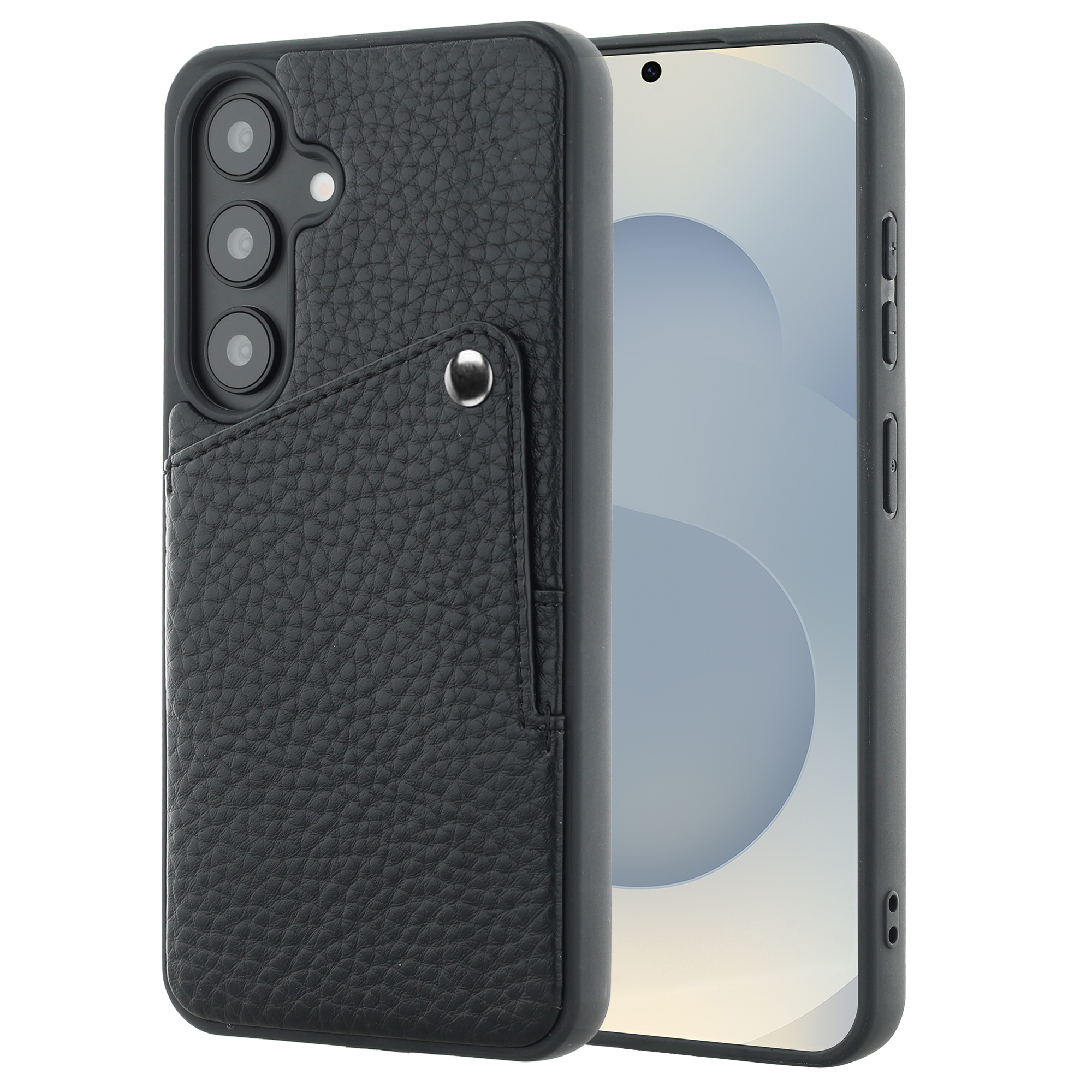 Zwarte telefoonhoes met textuur, kaartsleuf en drievoudige camera-uitsparing, naast een telefoon.