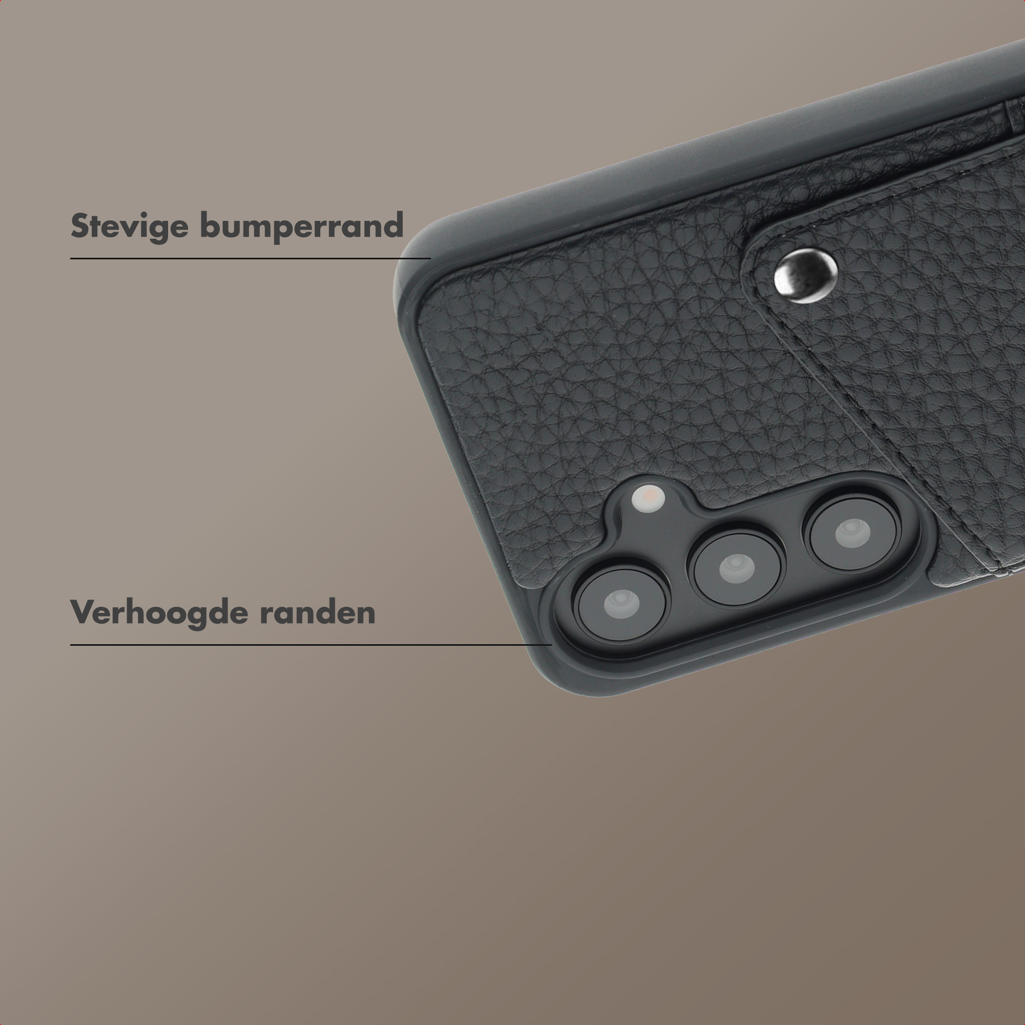 Zwarte telefoonhoes met textuur en cameralenzen.