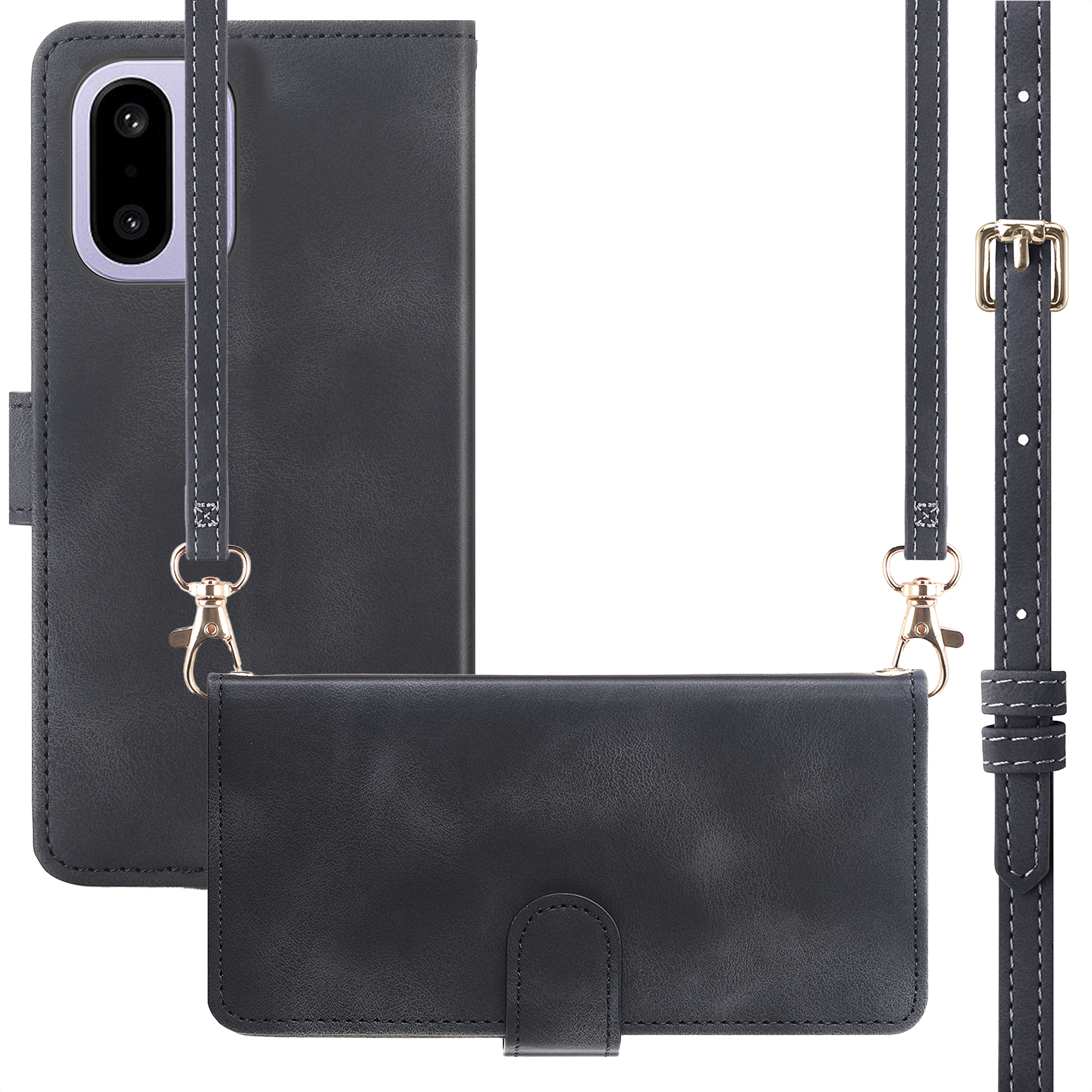 Een donkergrijs leren telefoonhoesje met riempje en gouden sluiting wordt getoond.