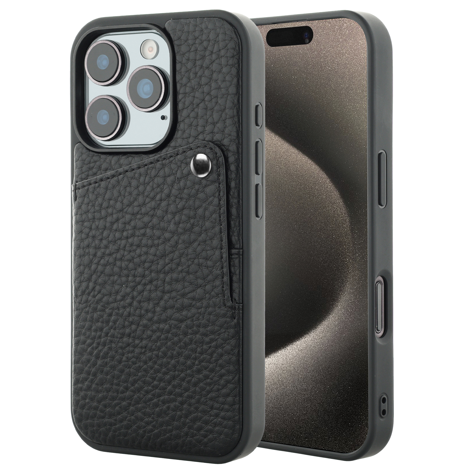 Coque de téléphone noire avec porte-cartes et trois objectifs.