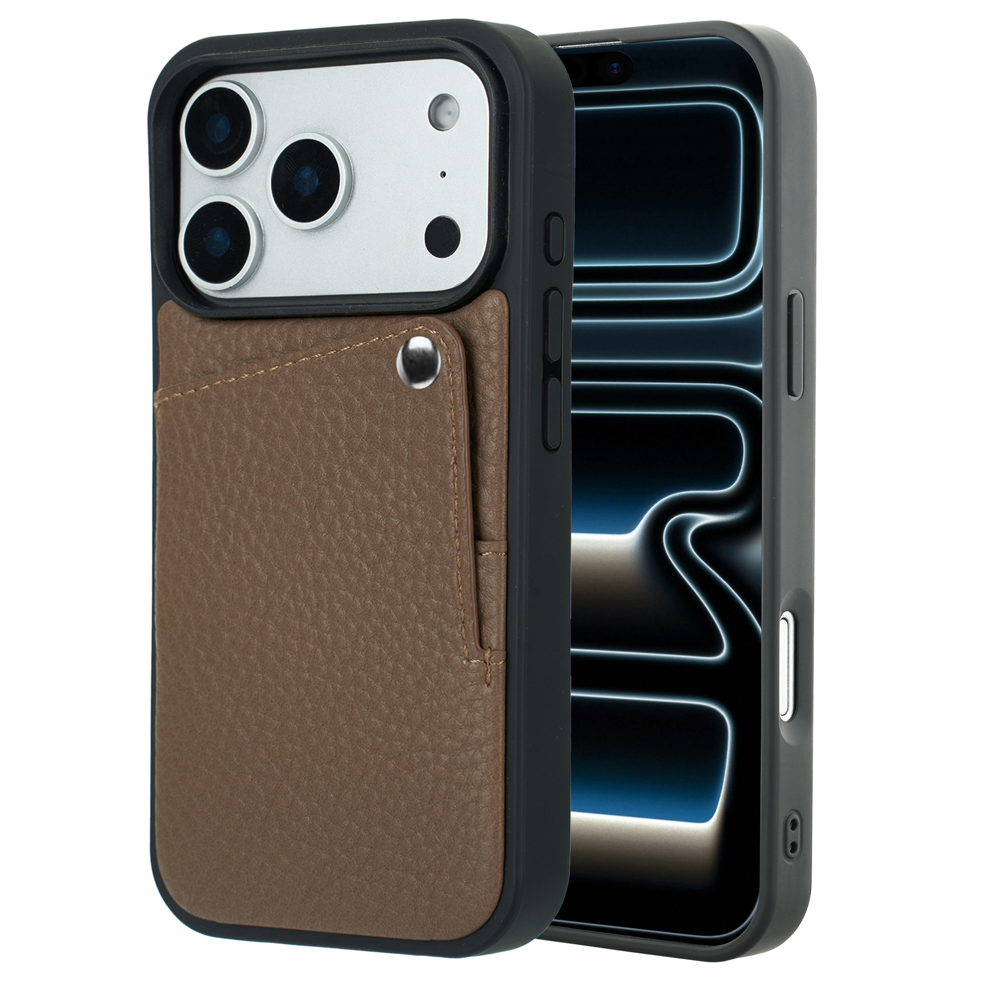 Une coque de téléphone en cuir marron avec un emplacement pour carte est montrée sur un téléphone à écran bleu lumineux.