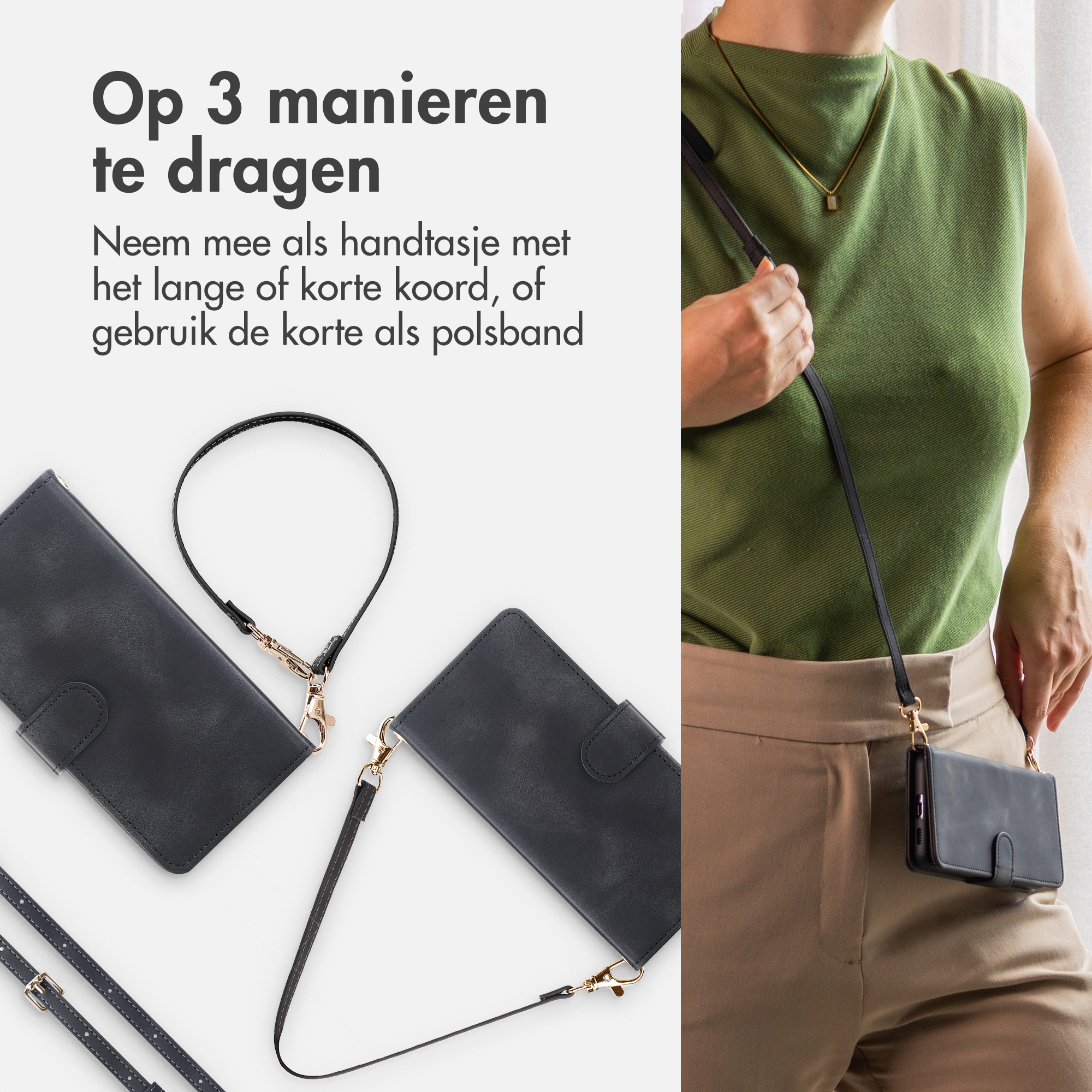 Zwarte telefoonhoes met riemopties: crossbody, handtas of polsband.