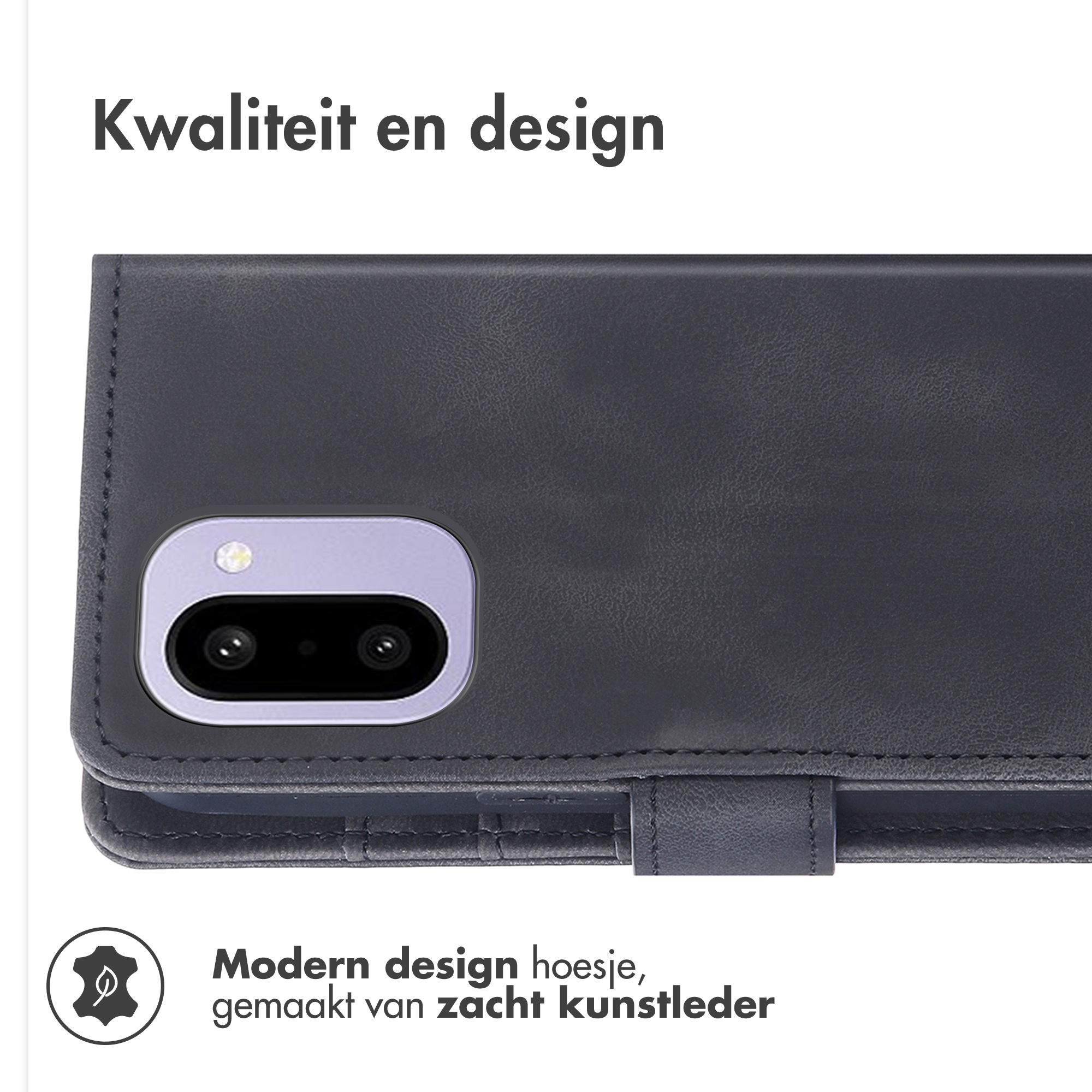 Donkergrijs kunstleren flip case met camera-uitsparingen en een bladsymbool.