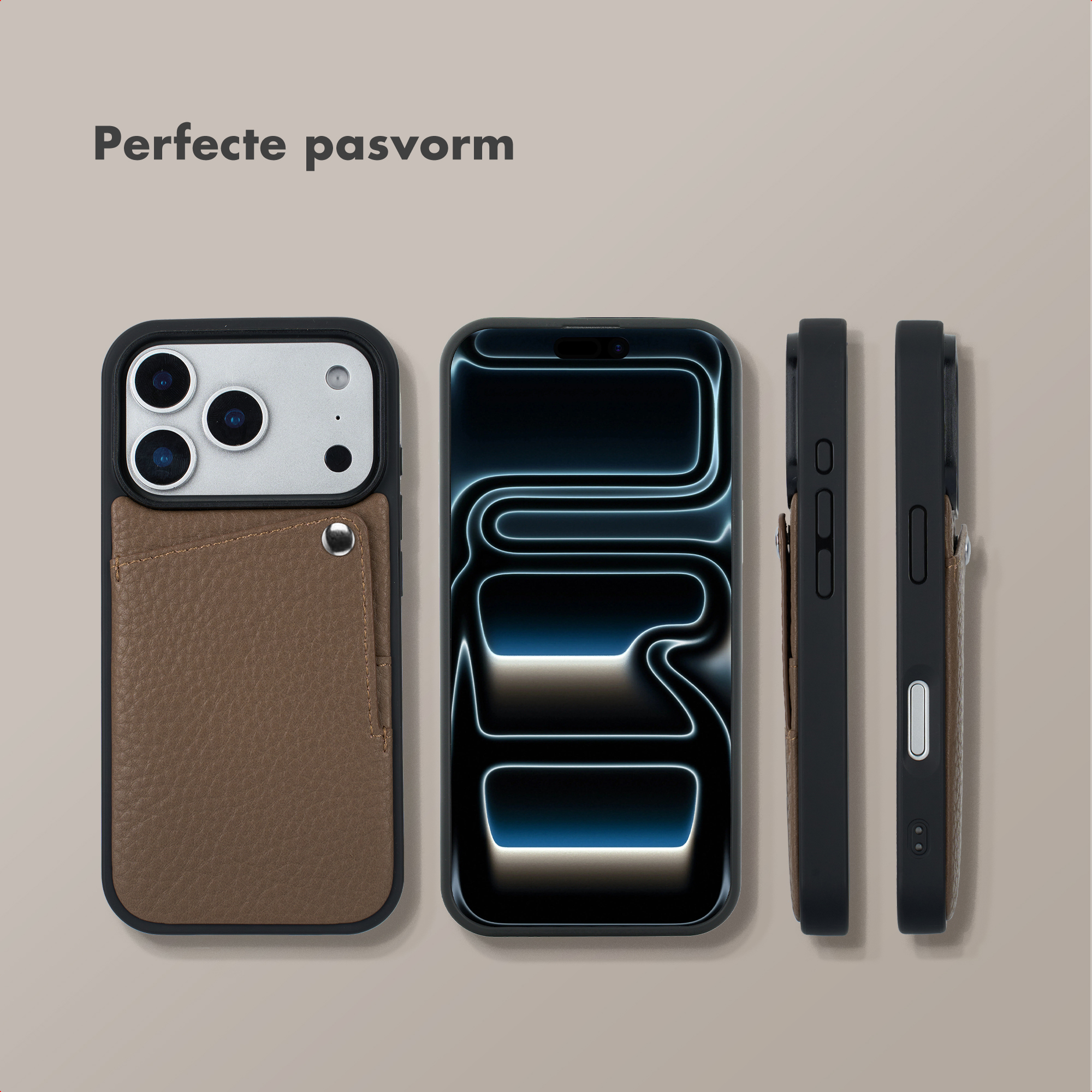 Coque iPhone avec porte-cartes en cuir marron, écran de téléphone et vues latérales.
