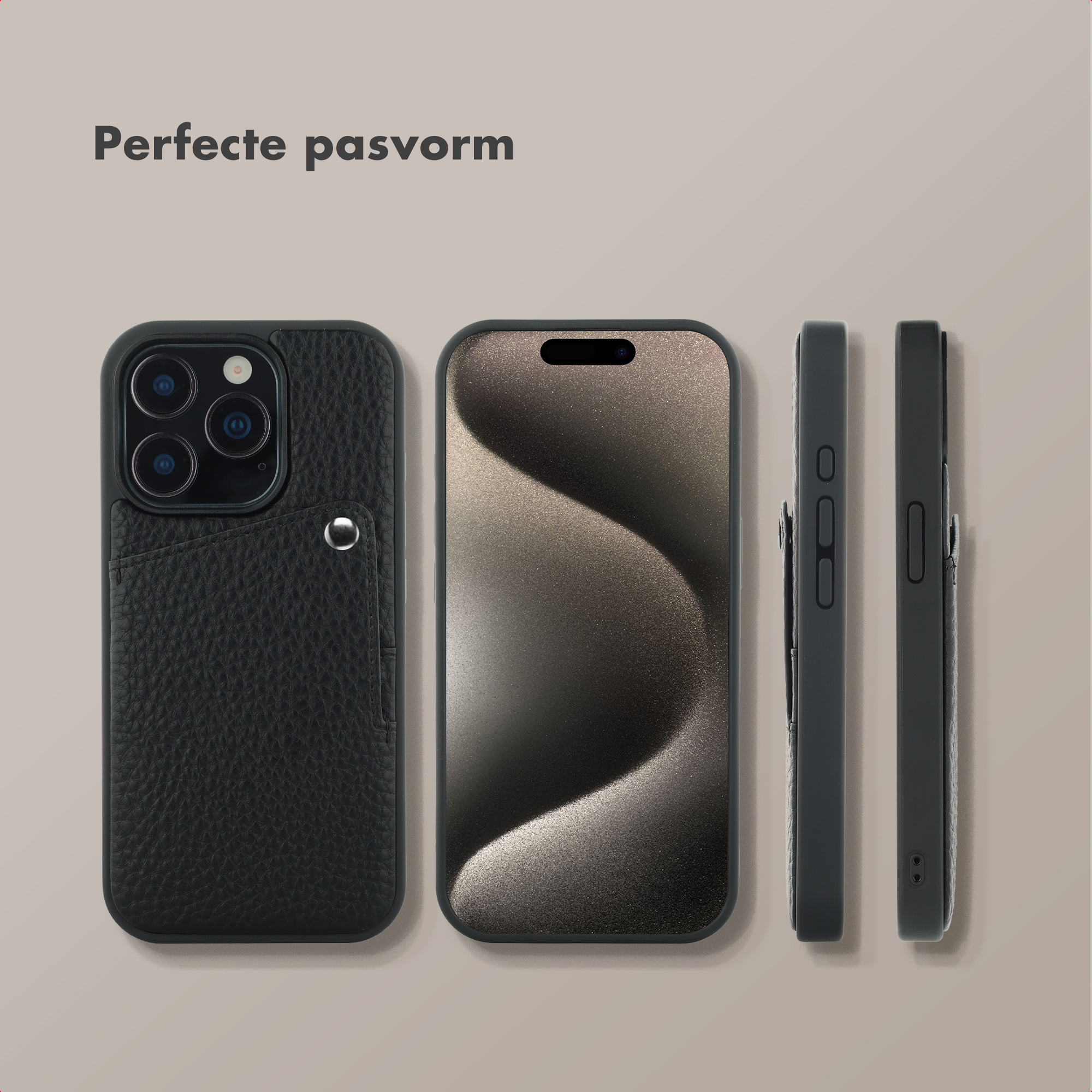 Étui de téléphone en cuir noir avec fente pour carte, téléphone et vues latérales.