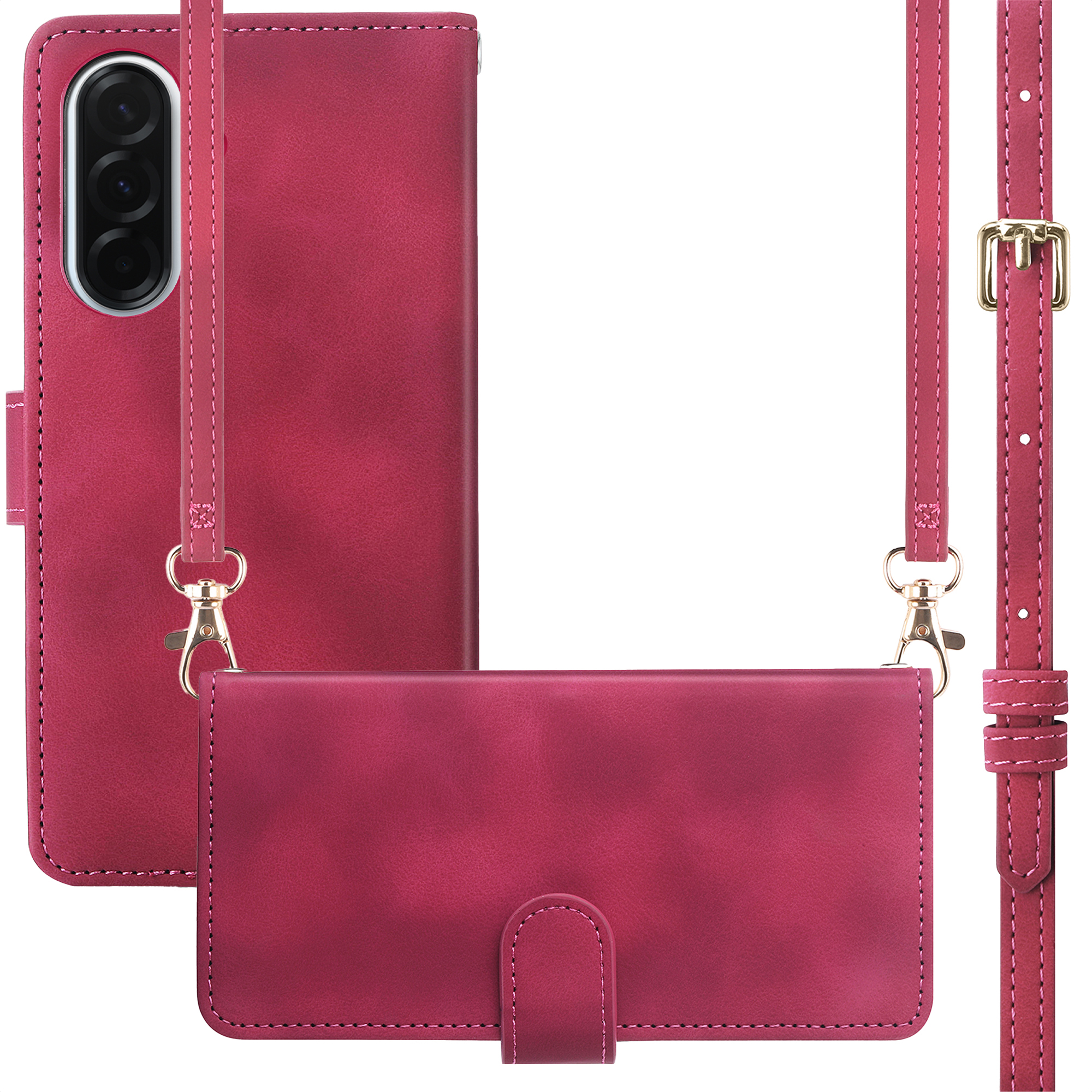 Een roze lederen telefoonhoes met camera-uitsparing en afneembare riem.