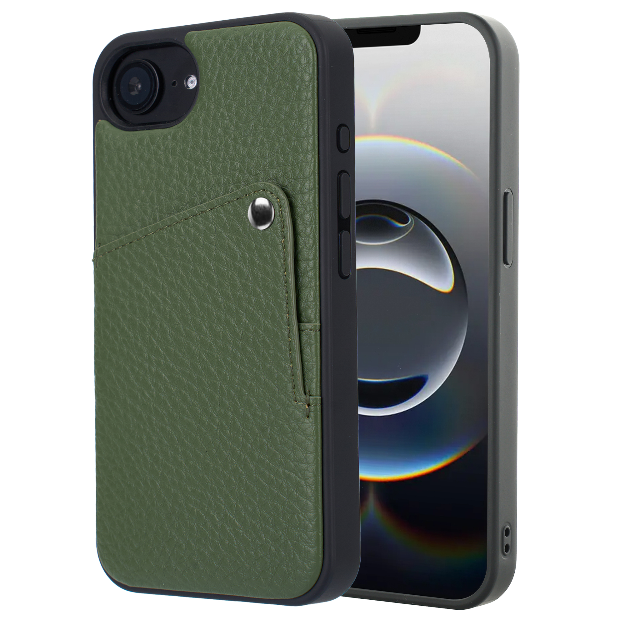 Groene leren telefoonhoes met een vakje en een telefoon erin.