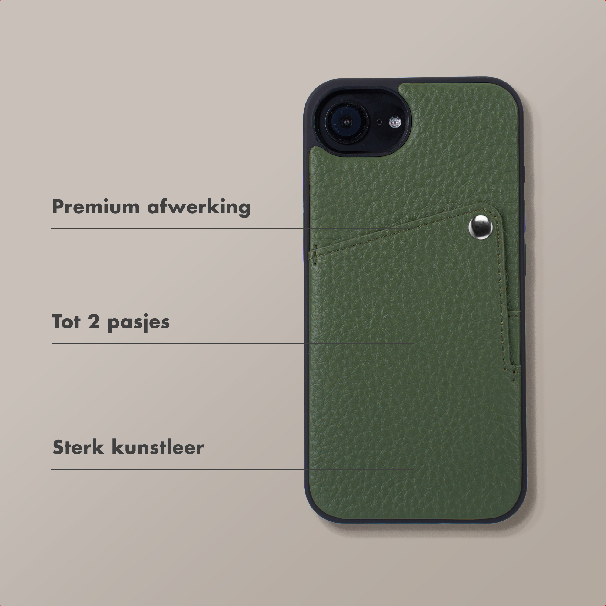 Groene telefoonhoes met kaarthouder en cameragat.
