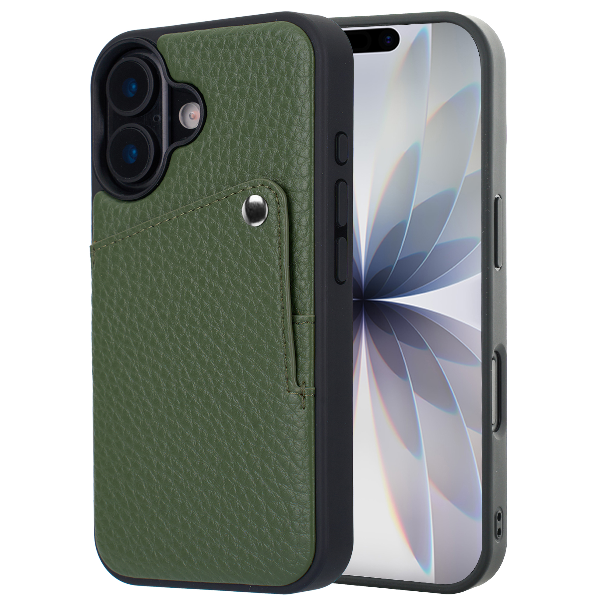 Étui de téléphone texturé vert avec fente pour carte au dos et écran de téléphone.