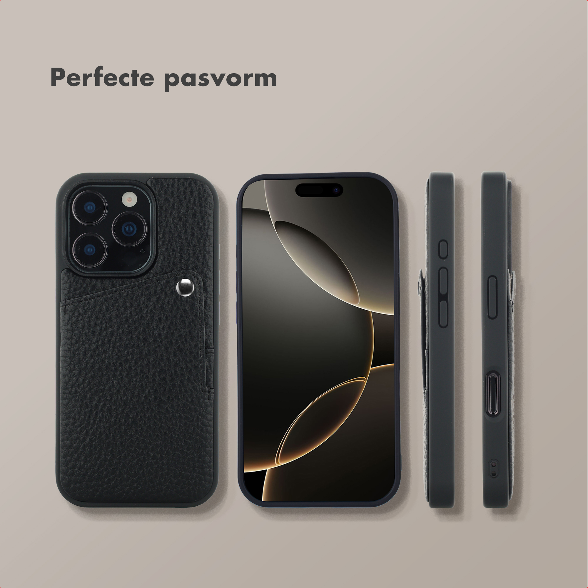 Schwarze iPhone-Hülle mit Kartenfach, von vorne, Seite und hinten gezeigt. Telefonbildschirm zeigt abstrakte Kunst.