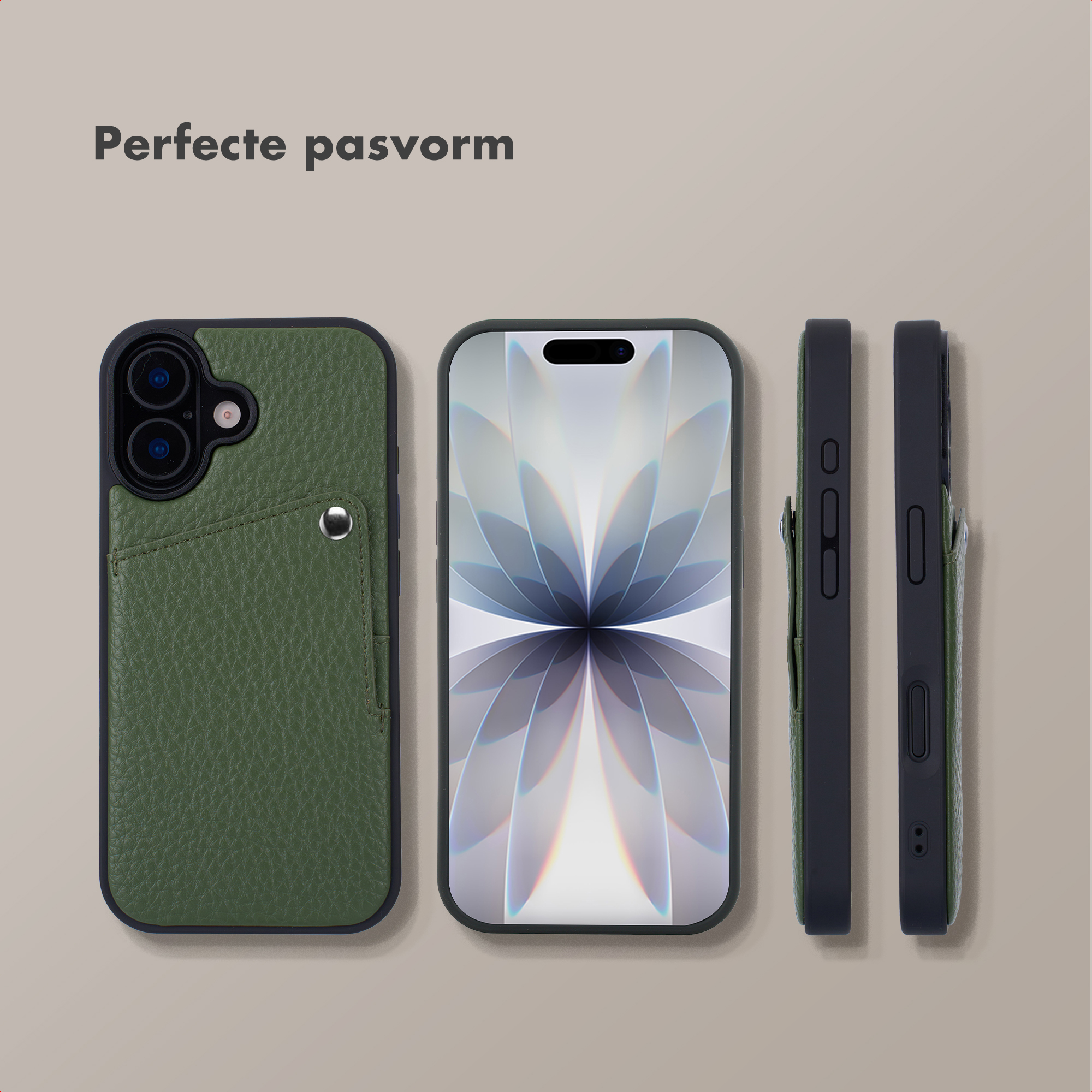 Coque de téléphone verte avec fente pour carte, vues avant et latérale.