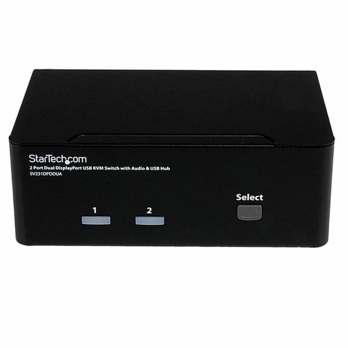 Schwarzer StarTech.com KVM-Switch mit den Anschlüssen 1 und 2 und einer Auswahltaste.