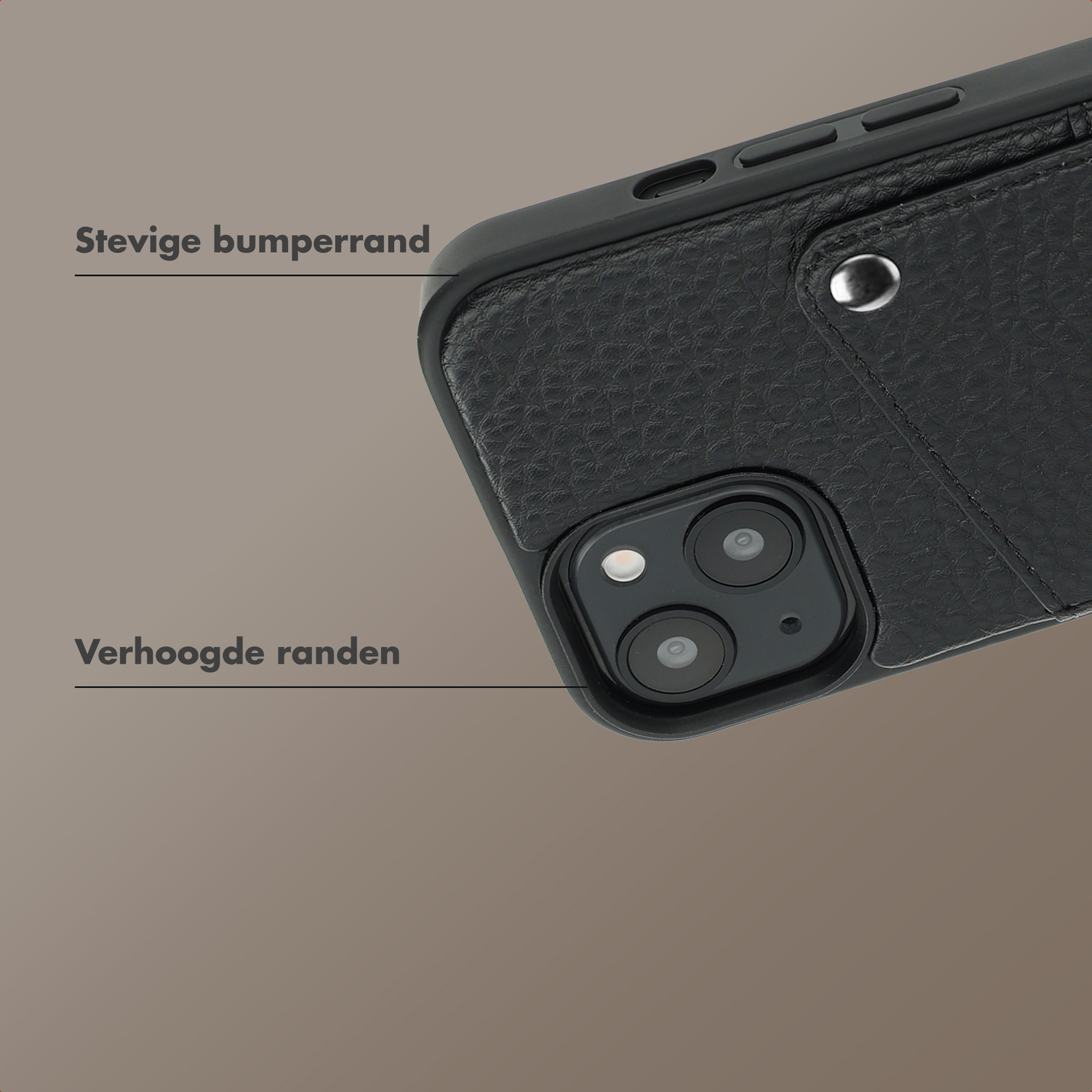 Black phone case with text 'Stevige bumperrand' and 'Verhoogde randen'.
