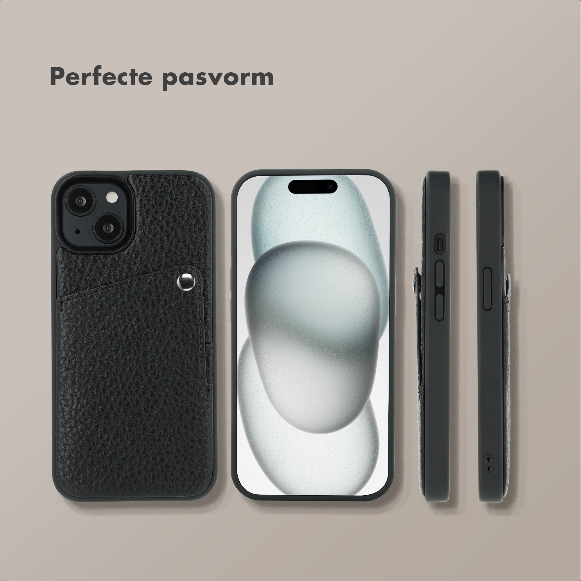 Black phone case with card slot, front and side views.