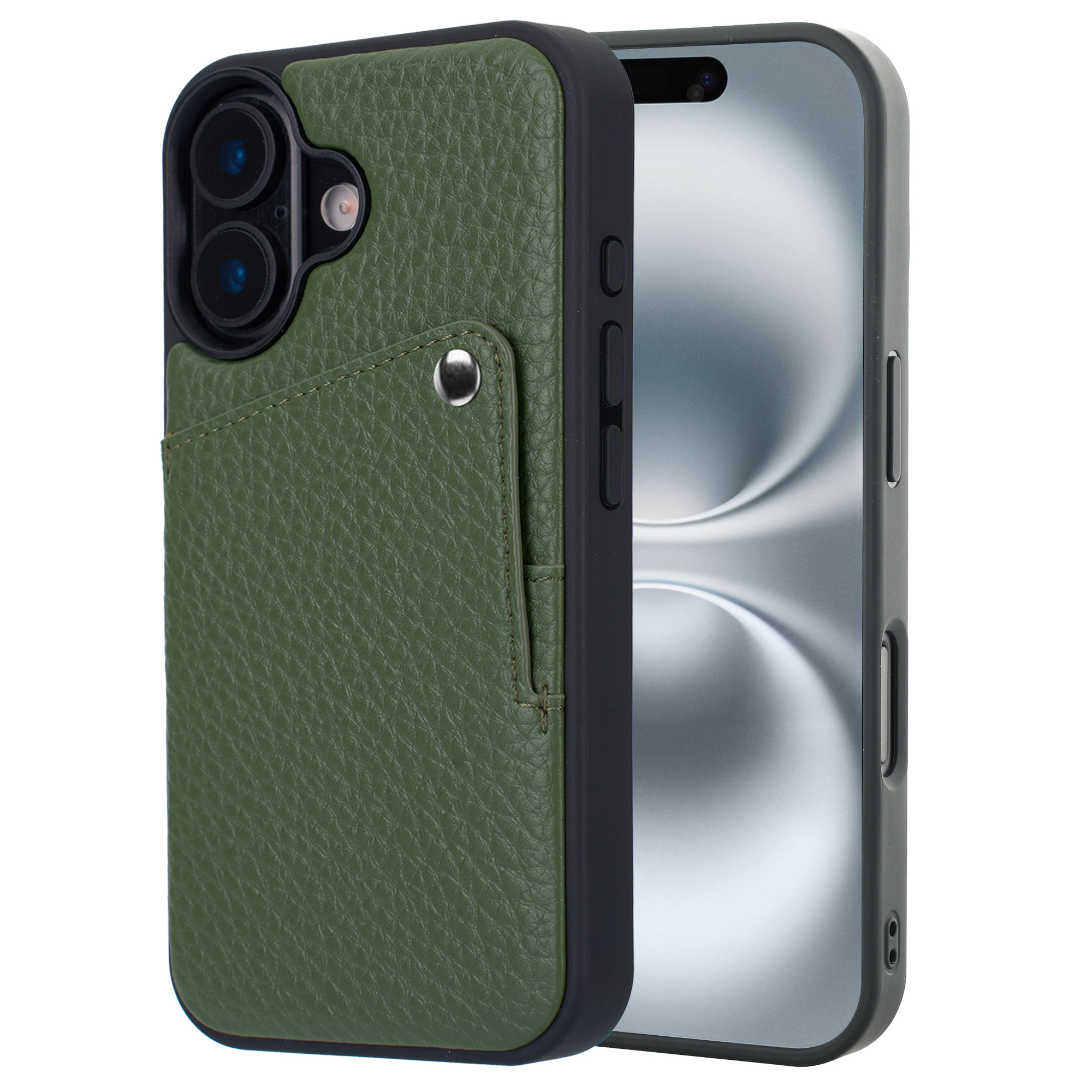 Étui de téléphone en cuir vert avec fente pour carte, gros plan.