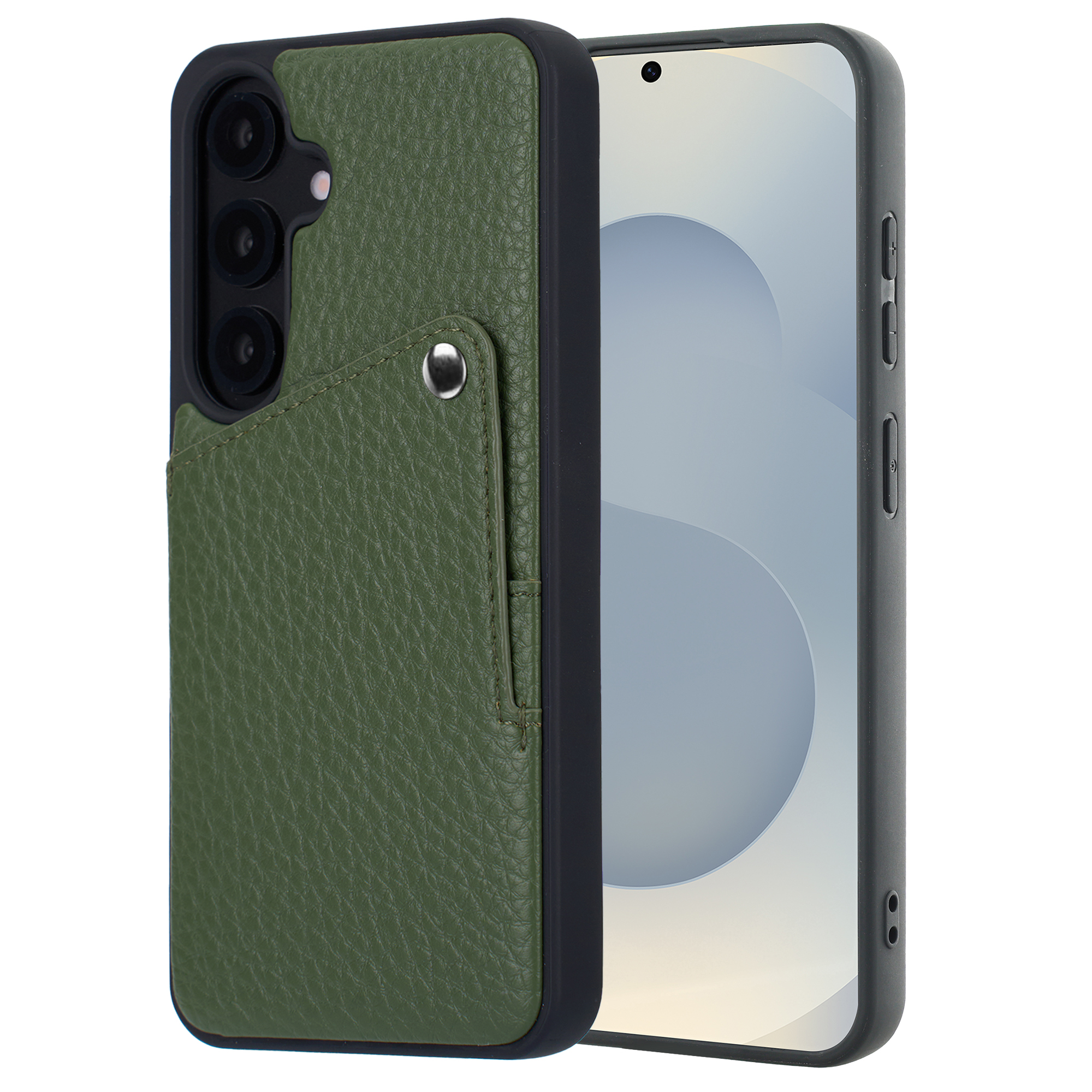 Étui de téléphone vert avec fente pour carte et ouverture caméra, à côté d'un smartphone.