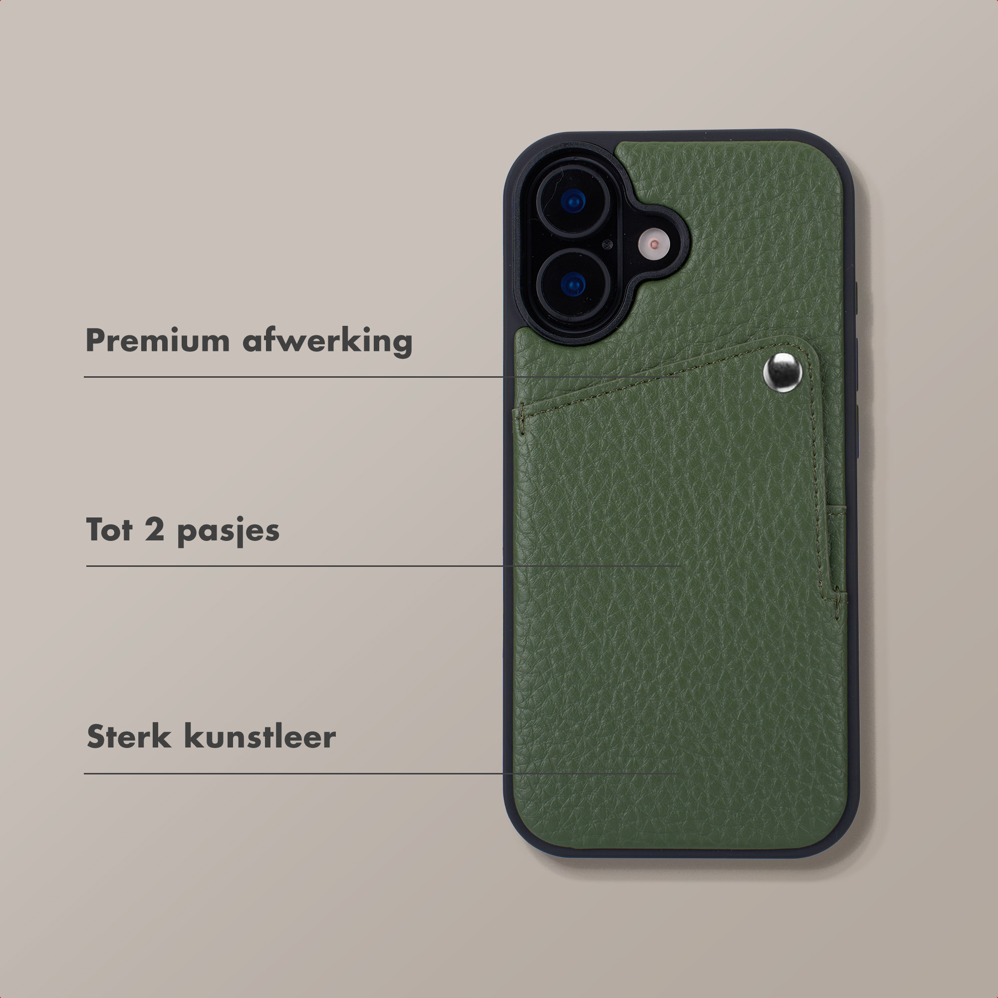 Étui de téléphone vert texturé avec fentes pour cartes et découpe caméra. Texte : Finition premium, jusqu'à 2 cartes, Cuir synthétique résistant.