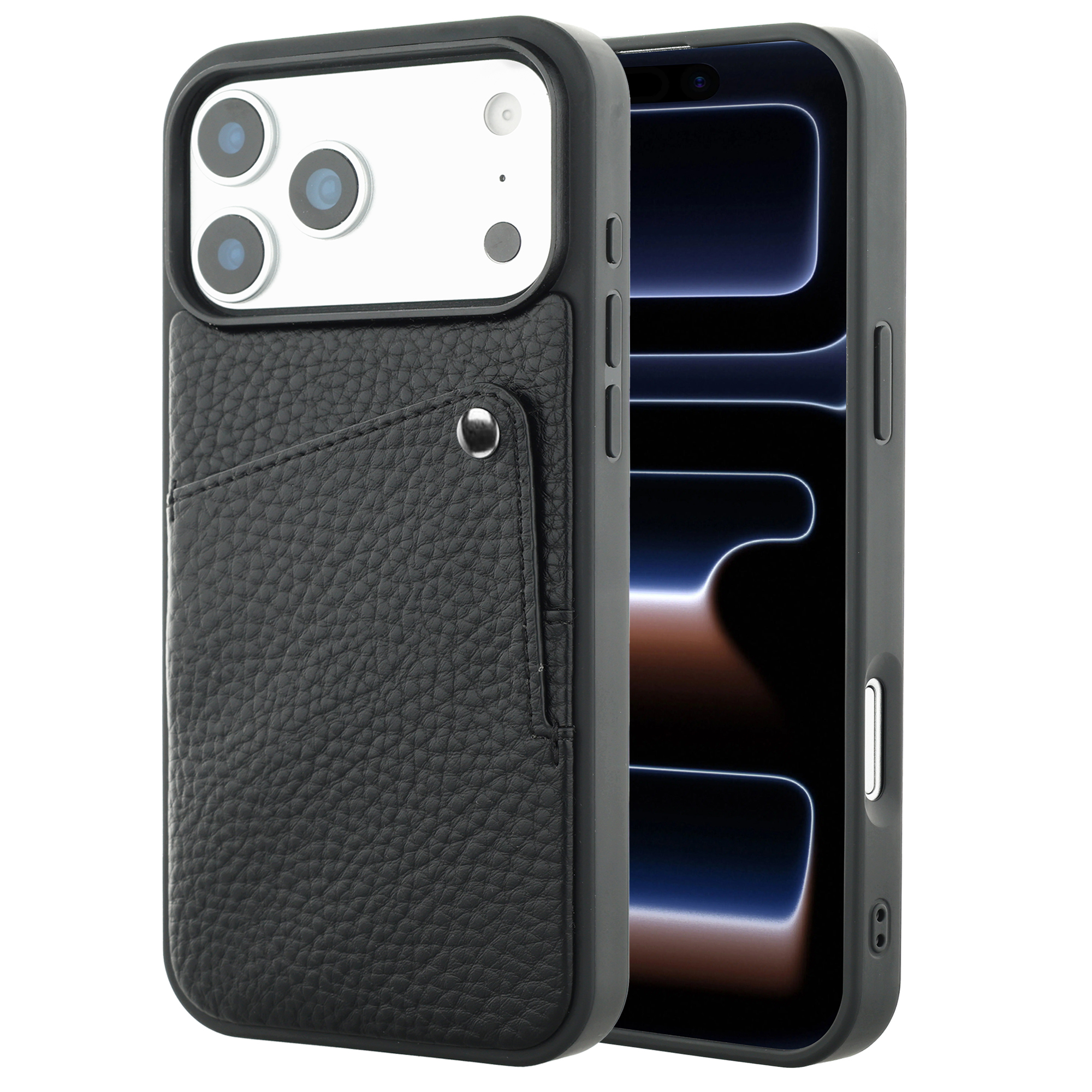 Étui de téléphone en cuir noir avec fente pour carte, montre un triple objectif caméra.