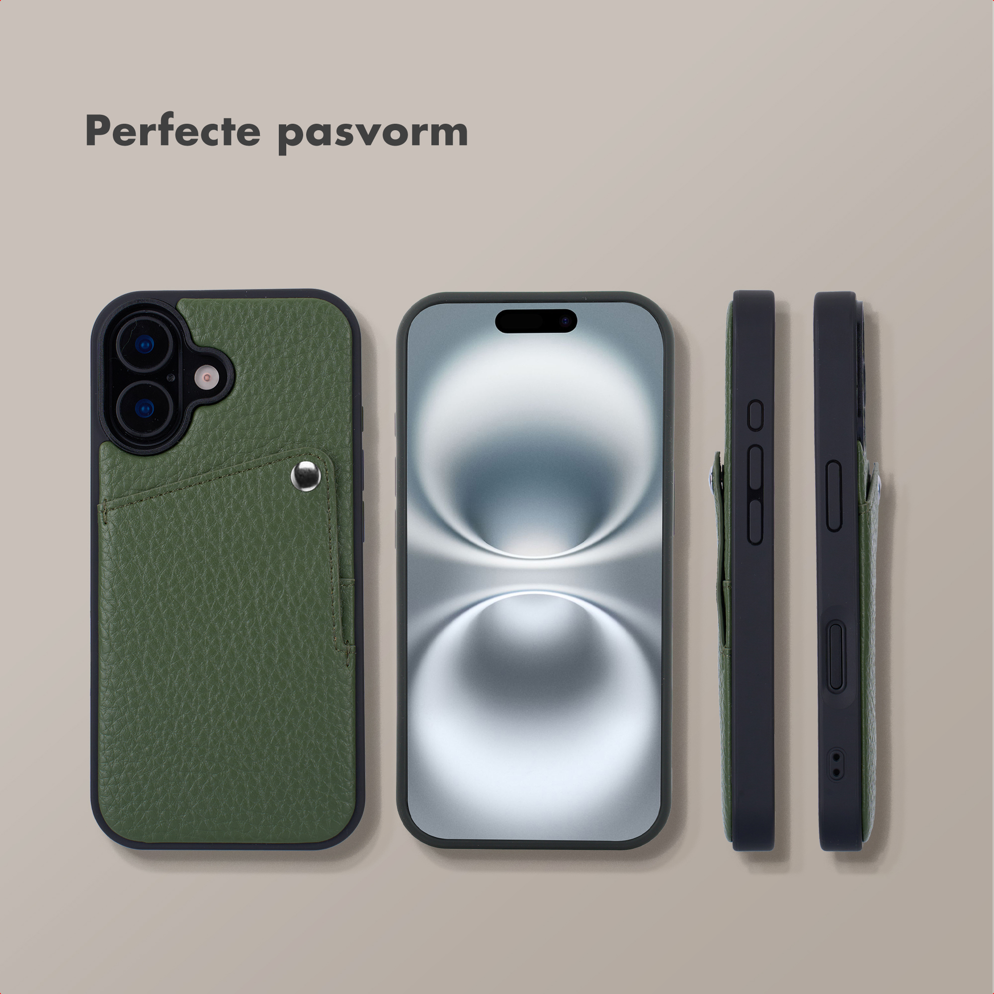 Coque de téléphone verte avec porte-cartes, à côté d'un smartphone et vues latérales.