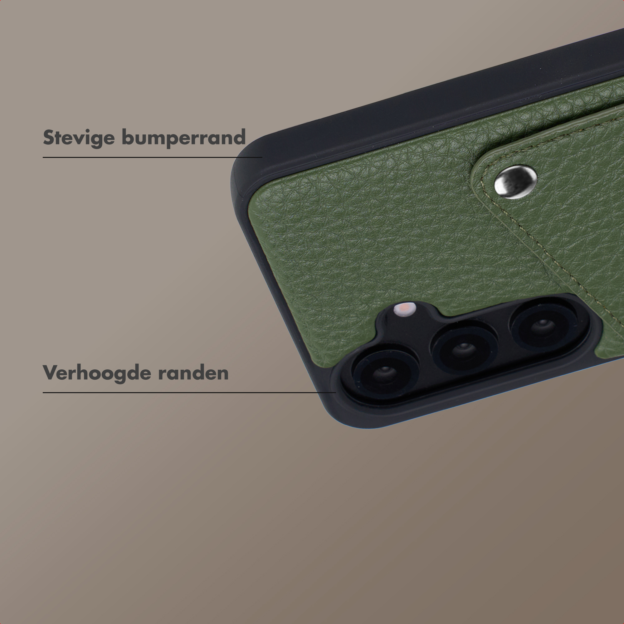 Coque de téléphone verte en relief avec module caméra.