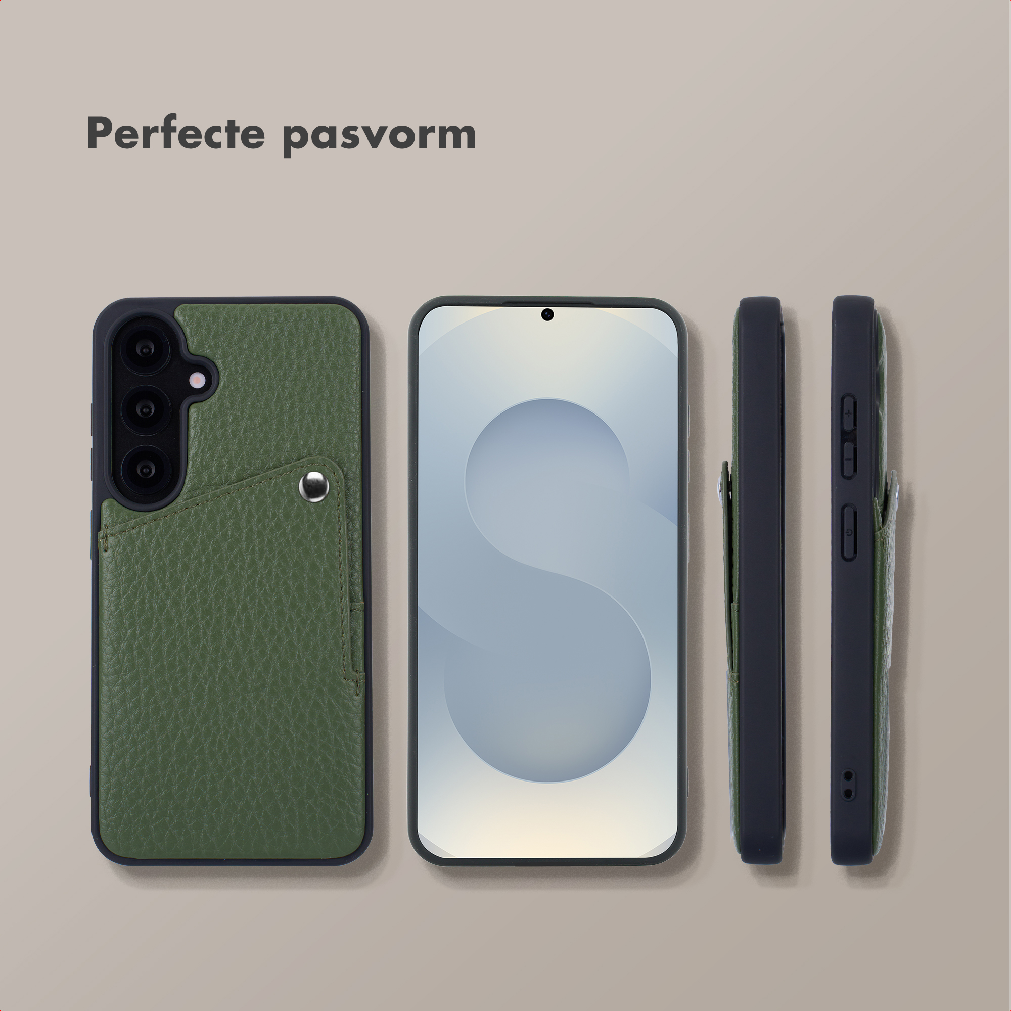 Un étui de téléphone vert texturé avec un emplacement pour carte est présenté à côté d'un smartphone.