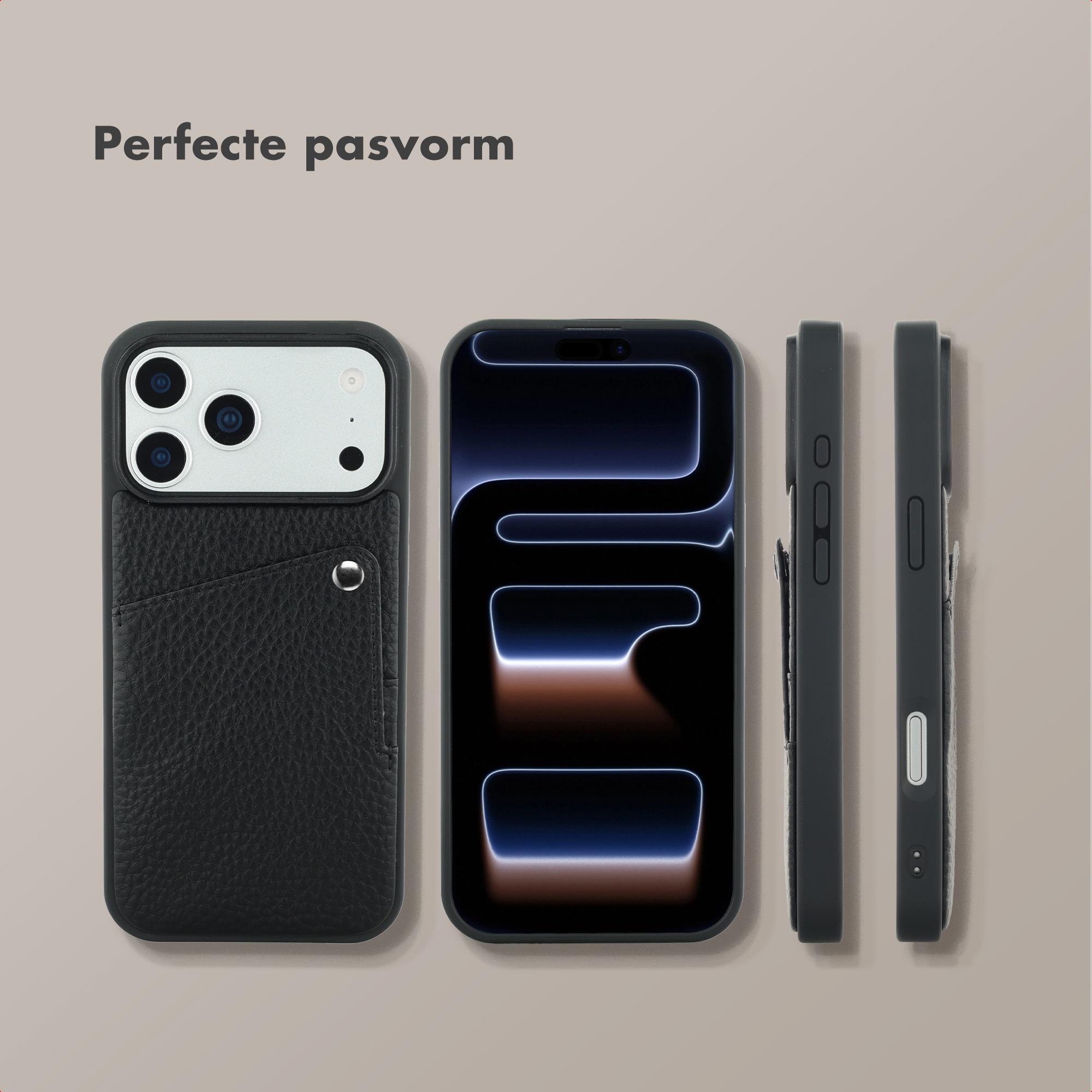 Étui de téléphone noir avec porte-cartes et trois vues d'un smartphone.