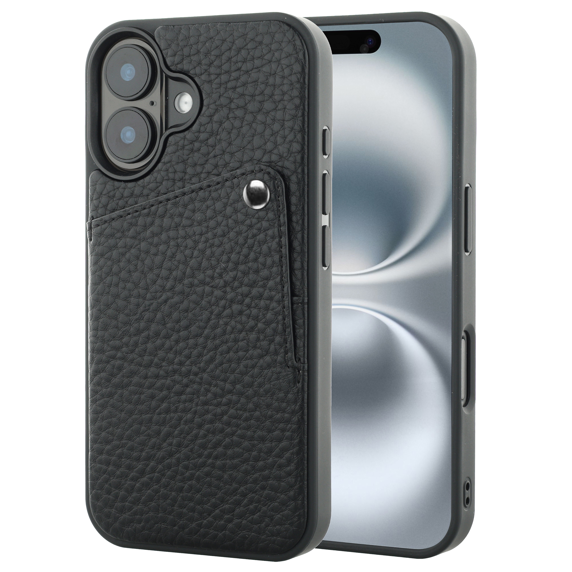 Coque de téléphone noire texturée avec fente pour carte sur un smartphone moderne.