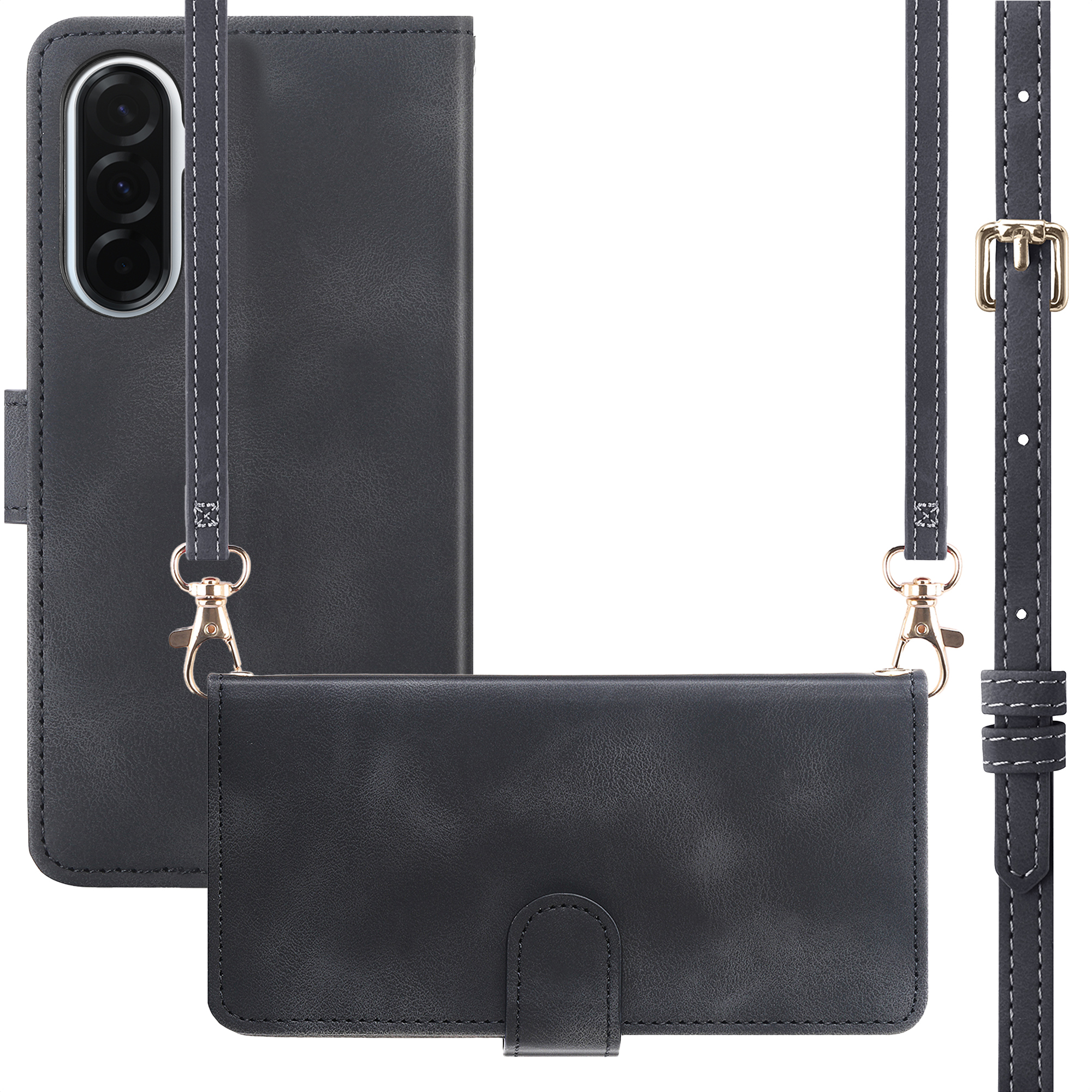 Donkergrijs telefoonhoesje met cameralens en crossbodyband met gouden gesp.