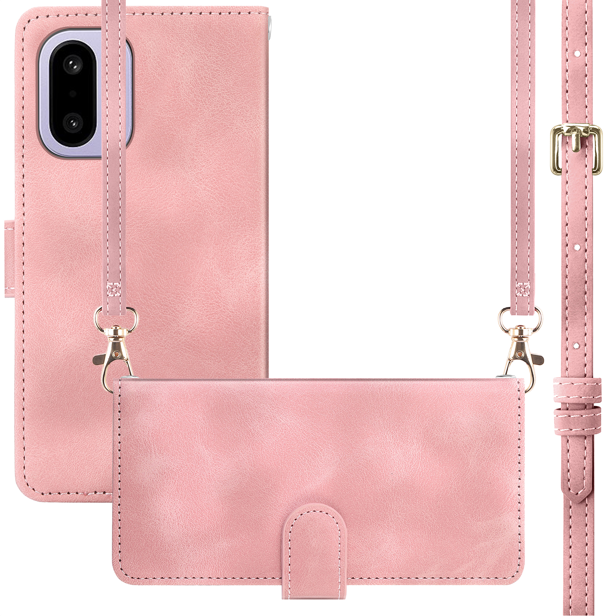 Étui de téléphone en cuir rose avec découpe caméra et bandoulière amovible.