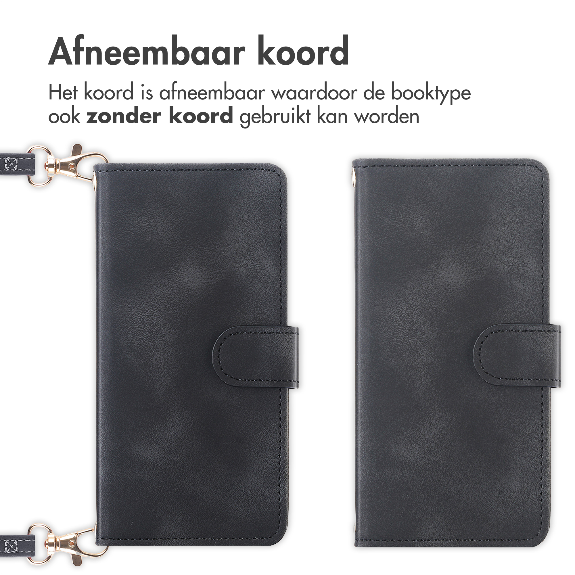 Twee zwarte lederen telefoonhoesjes, één met afneembare riem, naast elkaar getoond.