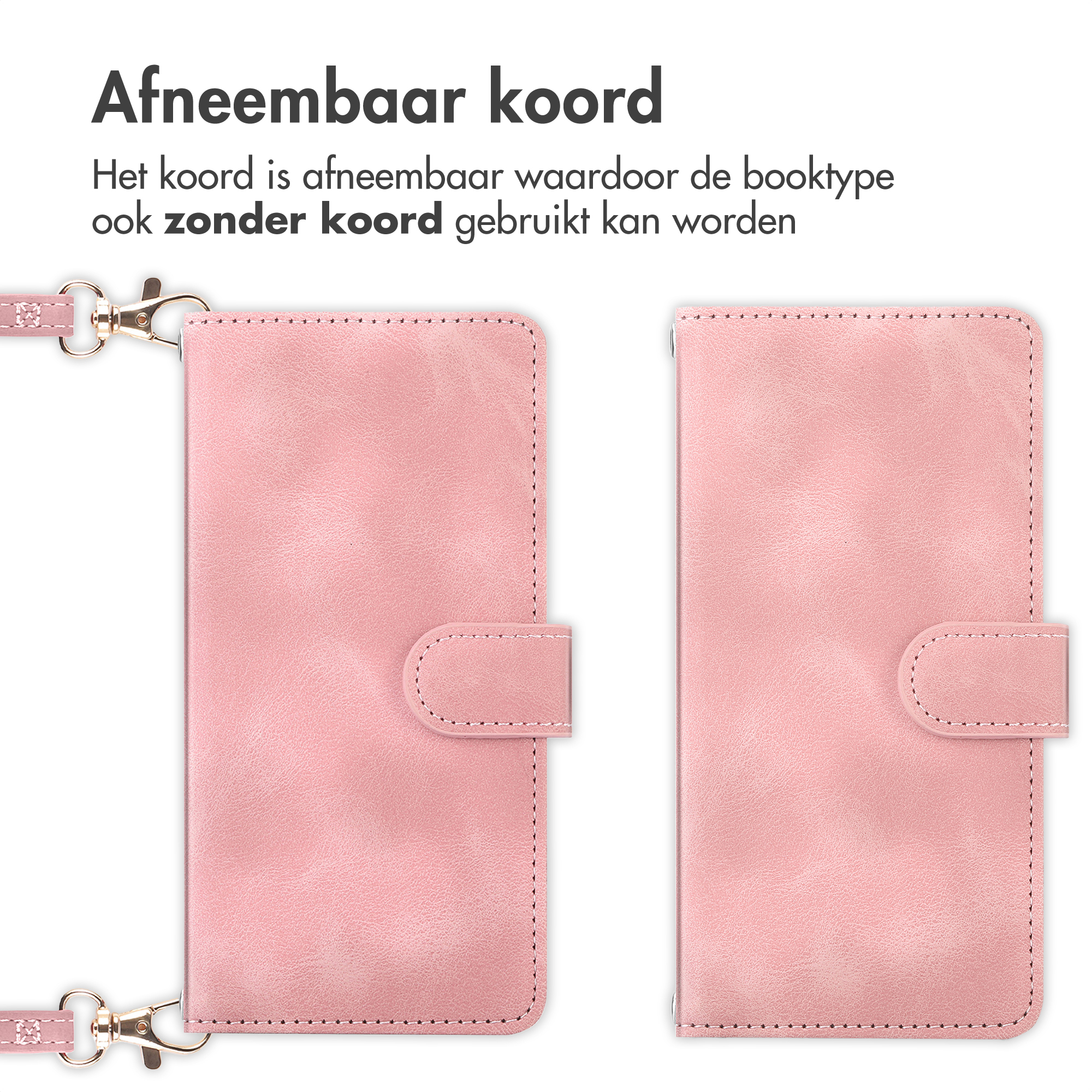 Deux étuis de téléphone roses côte à côte, dont un avec une sangle.