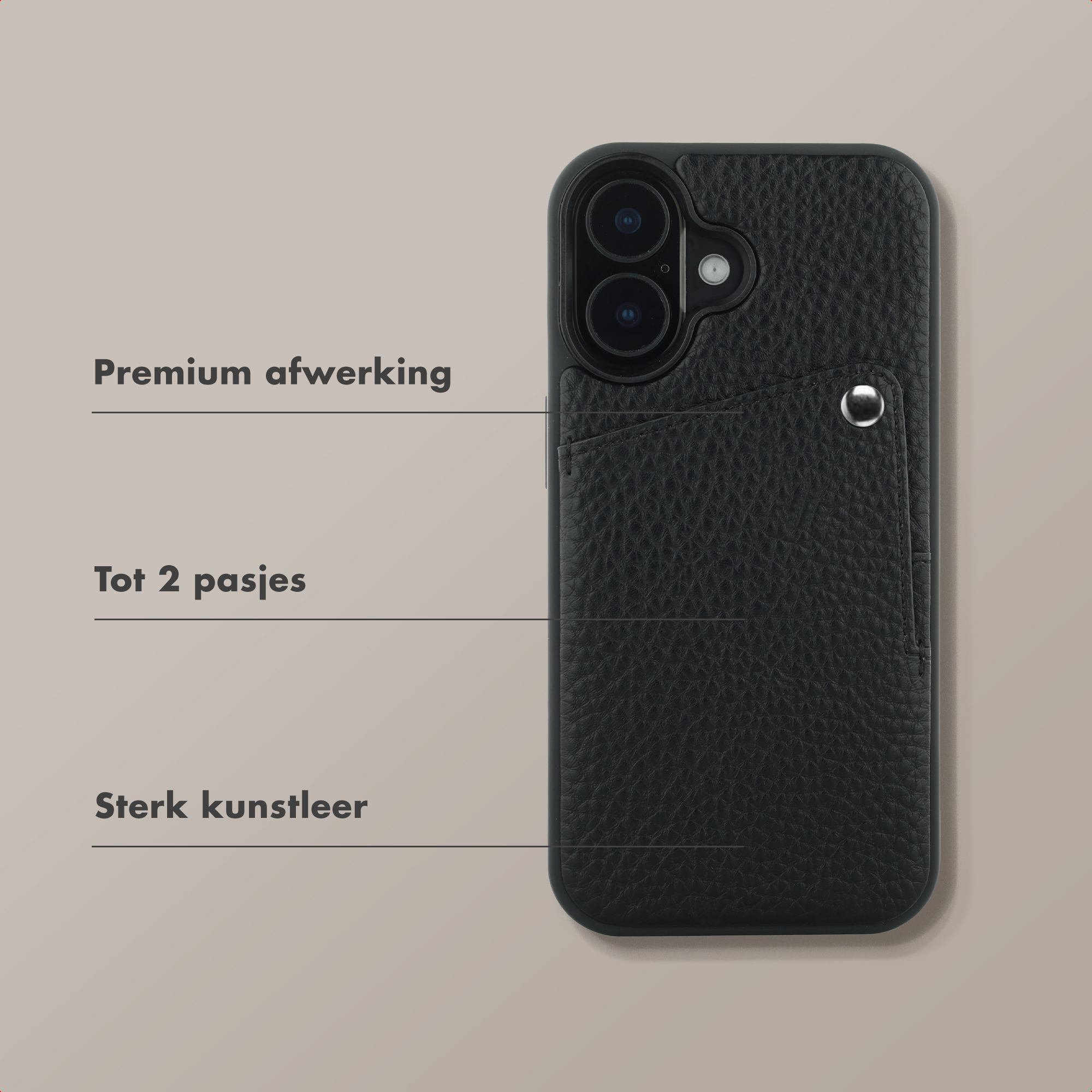 Coque de téléphone en cuir noir avec fente pour carte et découpe caméra.
