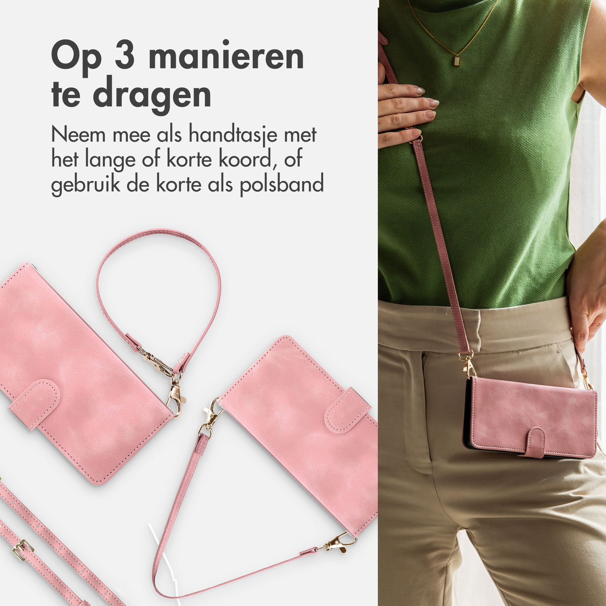 Des étuis de téléphone roses avec des sangles sont présentés. Une personne en porte un en bandoulière.