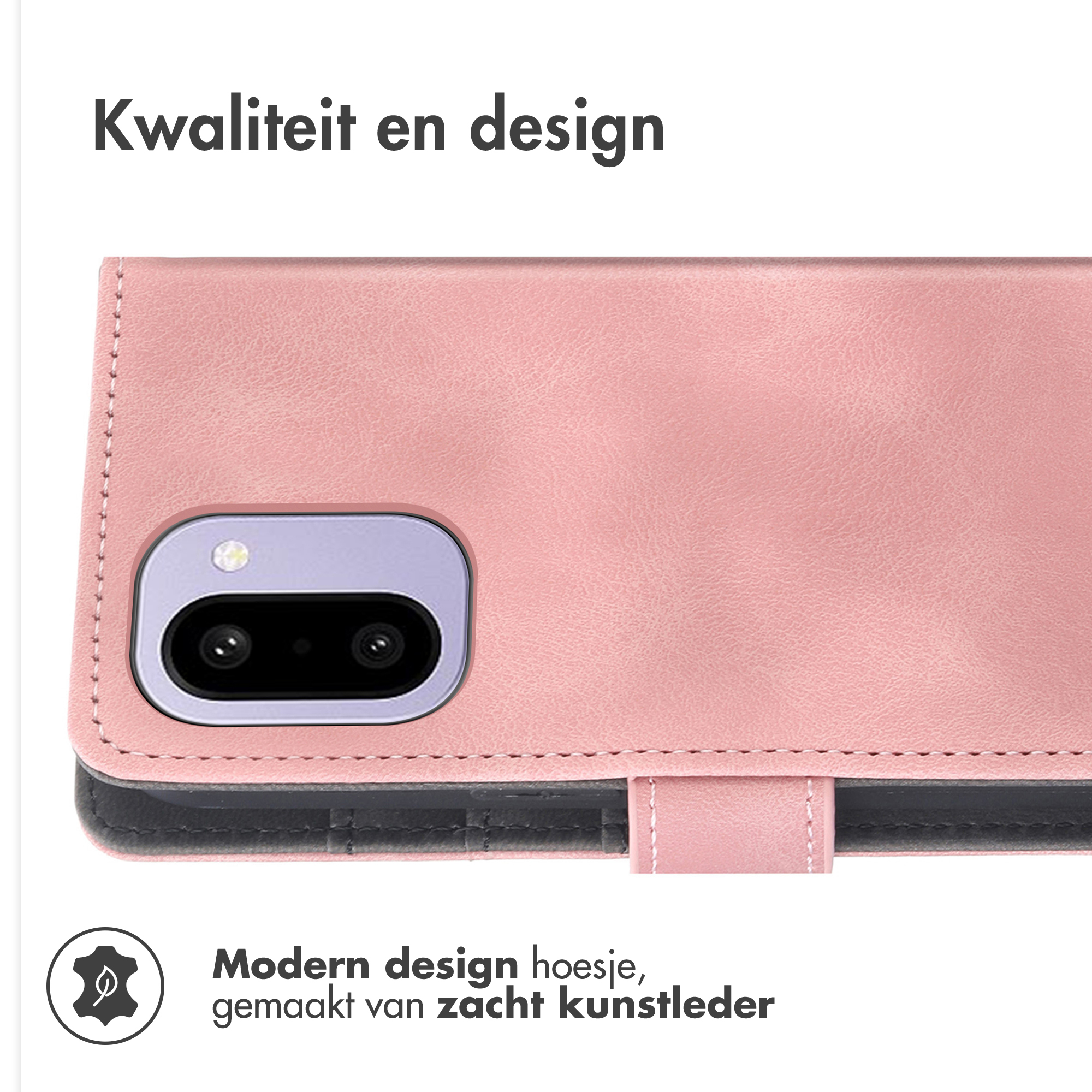 Étui de téléphone en similicuir rose avec découpe caméra et coutures.