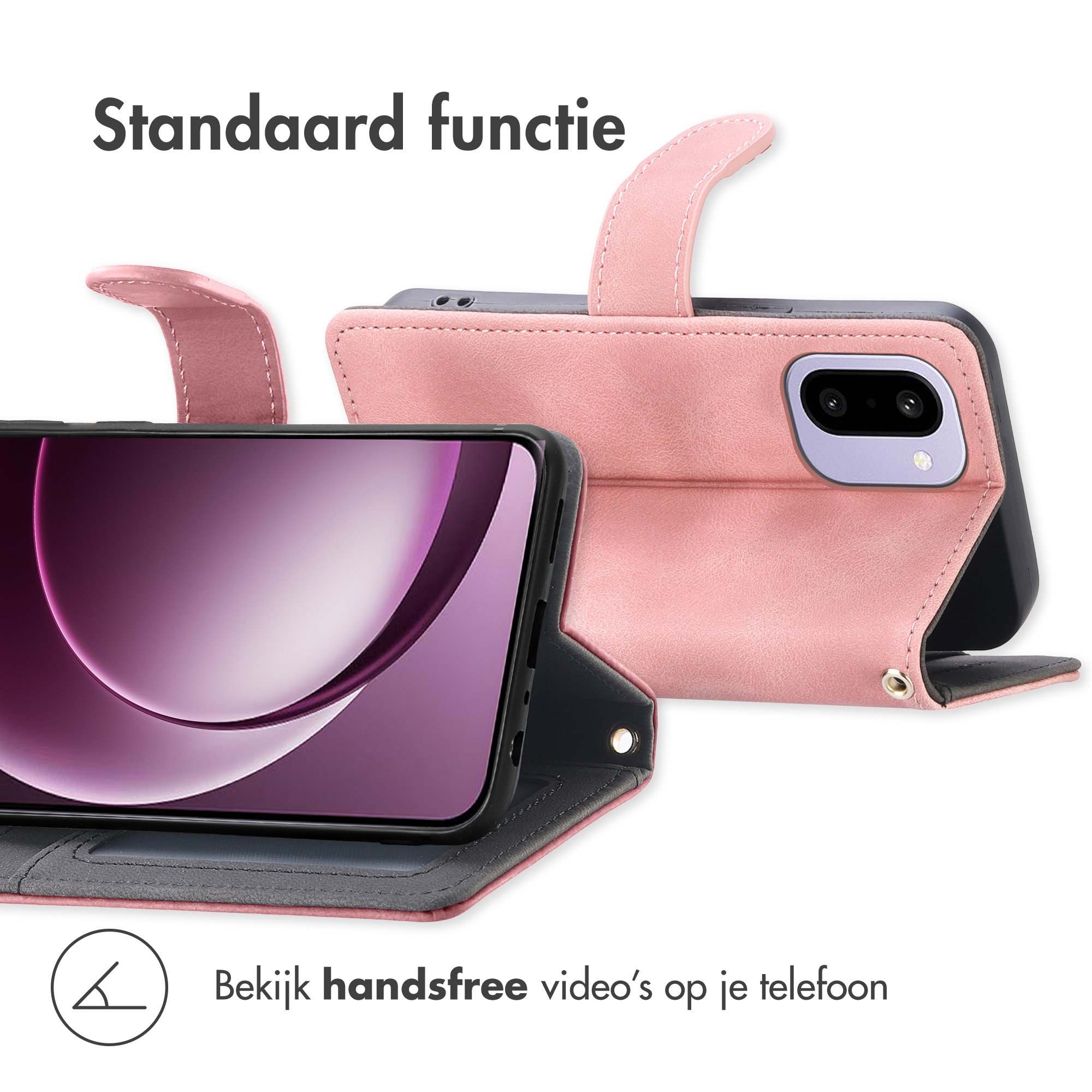 Un étui rose pour téléphone avec fonction support et icône d'angle.
