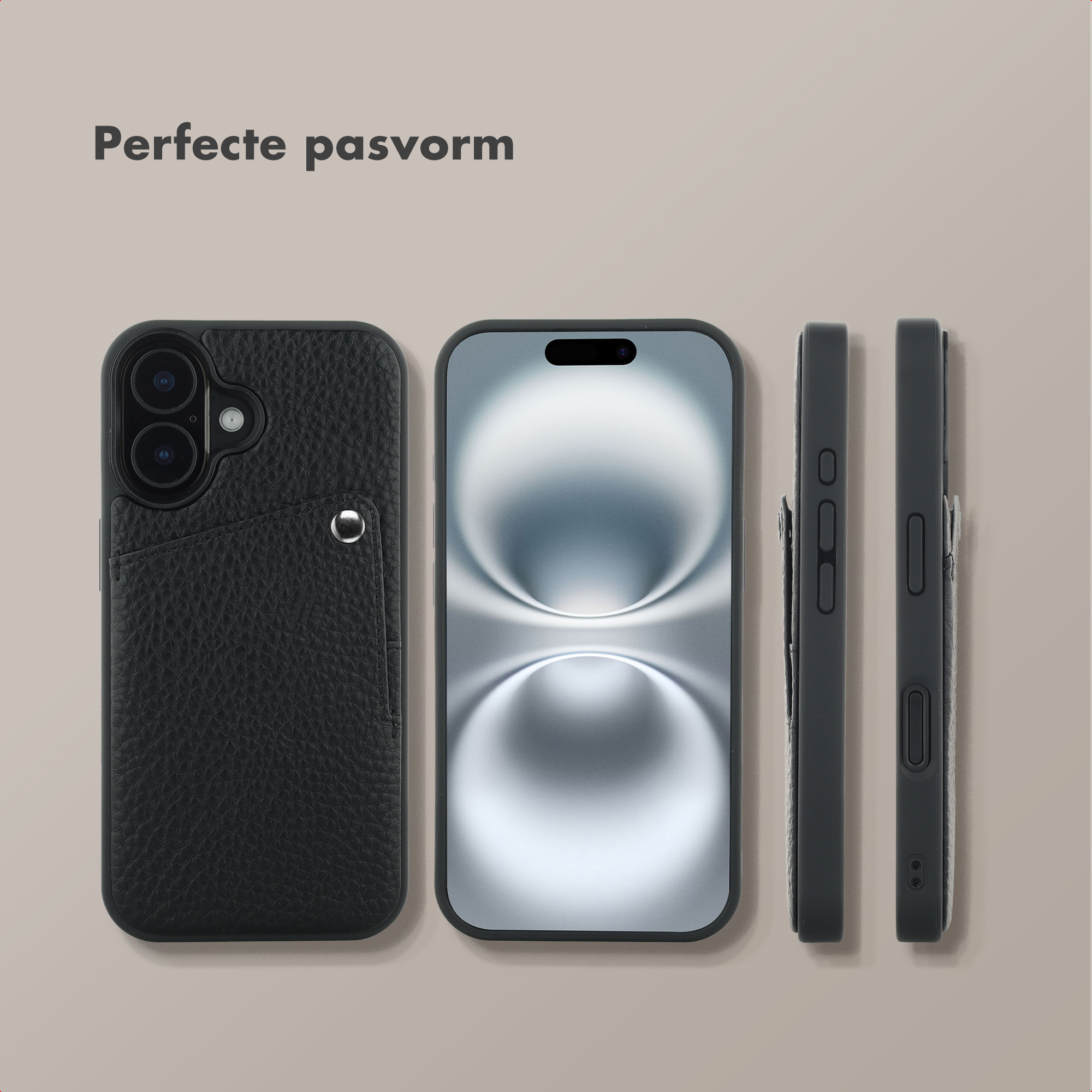 Étui de téléphone en cuir noir avec porte-cartes, vues avant et latérales d'un smartphone.