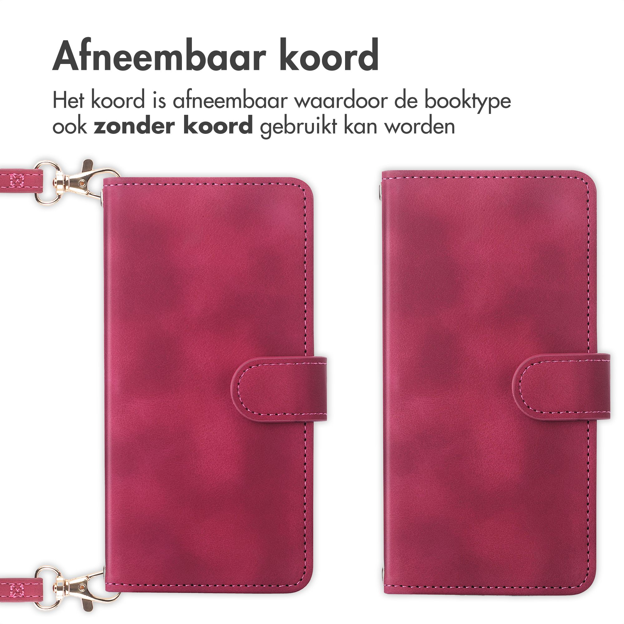 Deux étuis de téléphone roses style livre, dont un avec une lanière détachable.