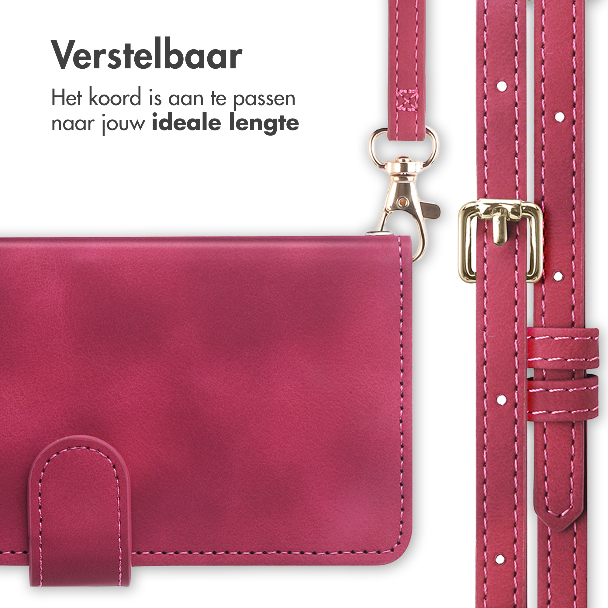 Un étui en cuir rose avec une lanière réglable et des fermoirs dorés.