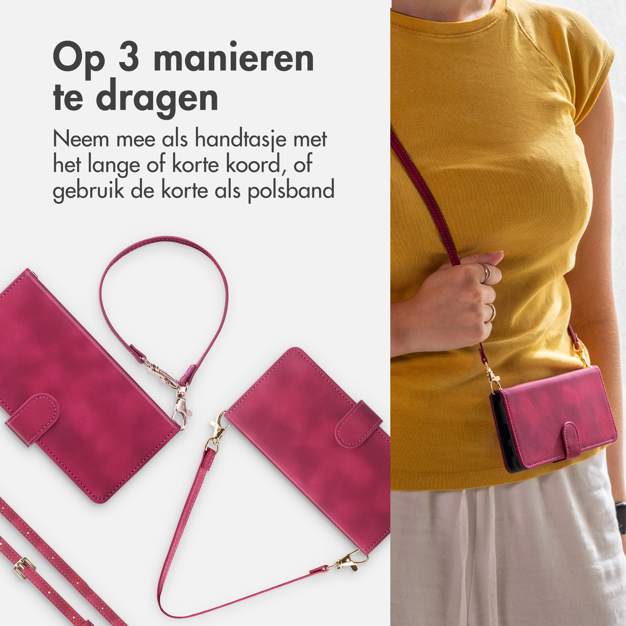 Une coque de téléphone magenta avec des lanières, présentée en sac à main ou bracelet.