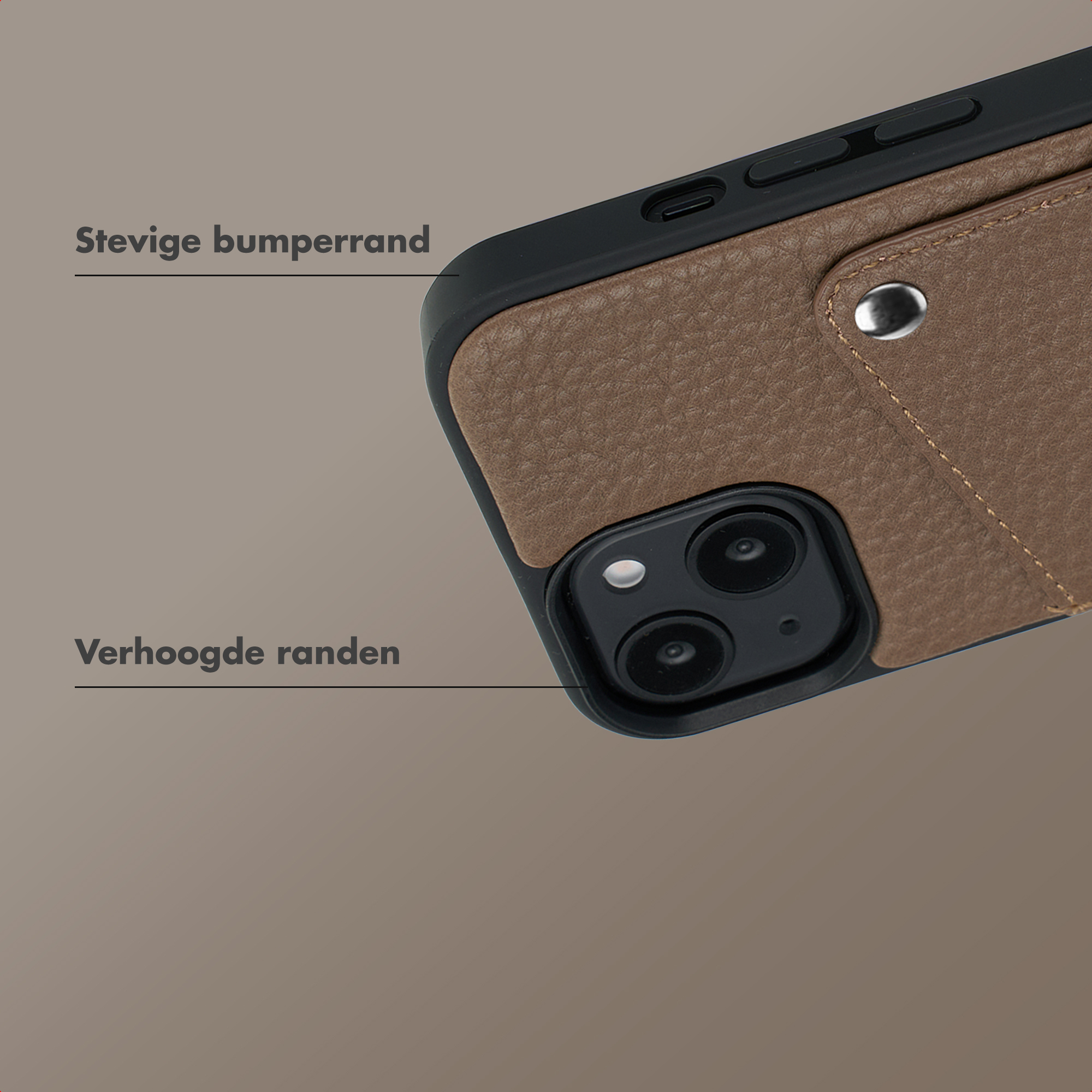 Close-up of a brown leather phone case showing textured material and raised edges.