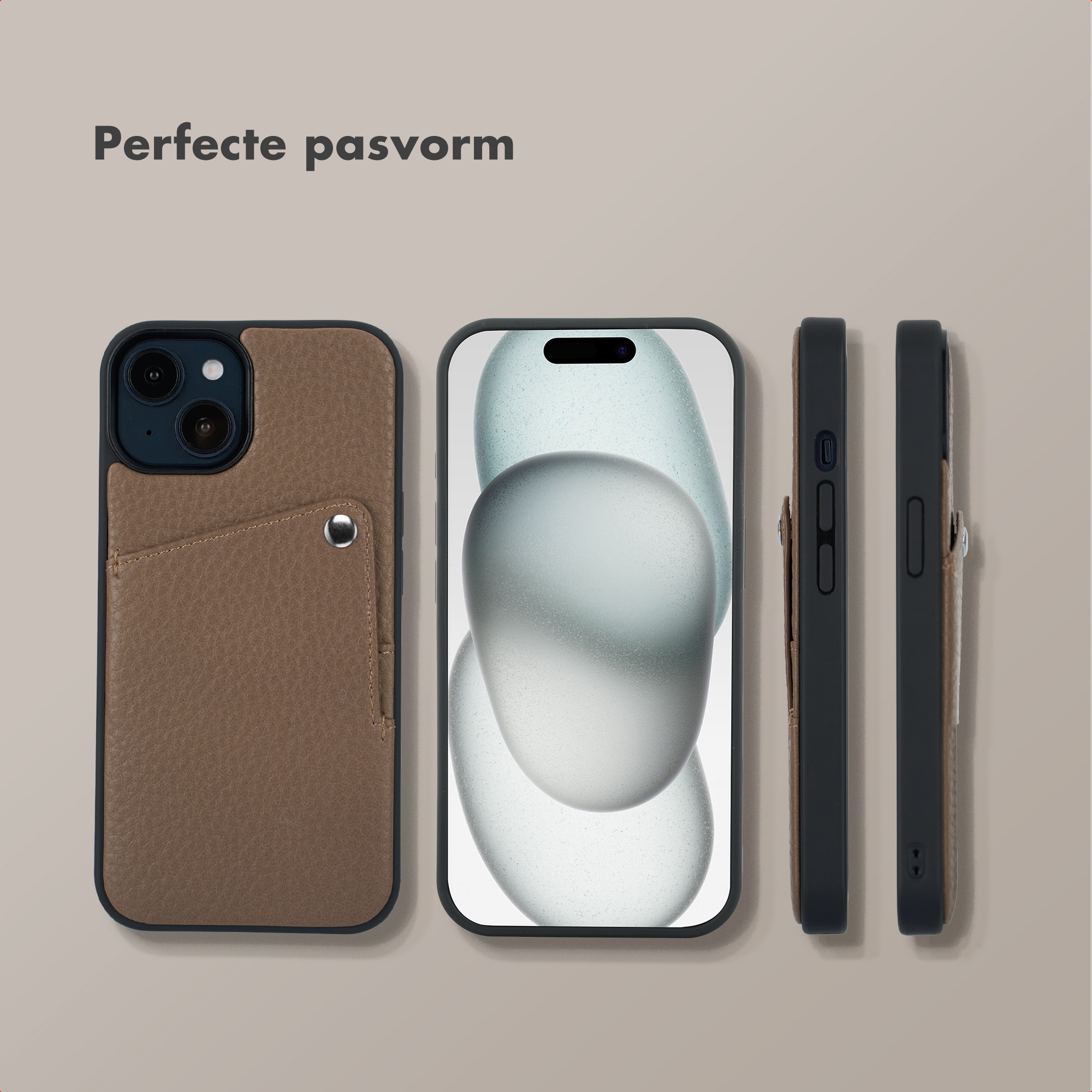 A brown leather case with card slot and a black iPhone with abstract background.