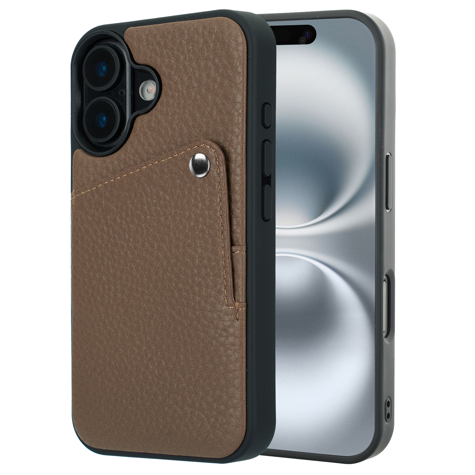 Étui de téléphone en cuir marron avec fente pour carte, sur fond blanc.