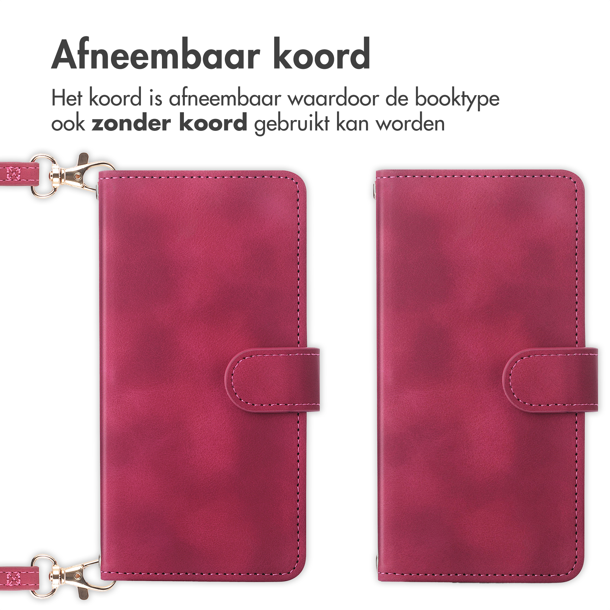 Afneembaar koord: Rood. Twee telefoonhoesjes, één met koord, één zonder.