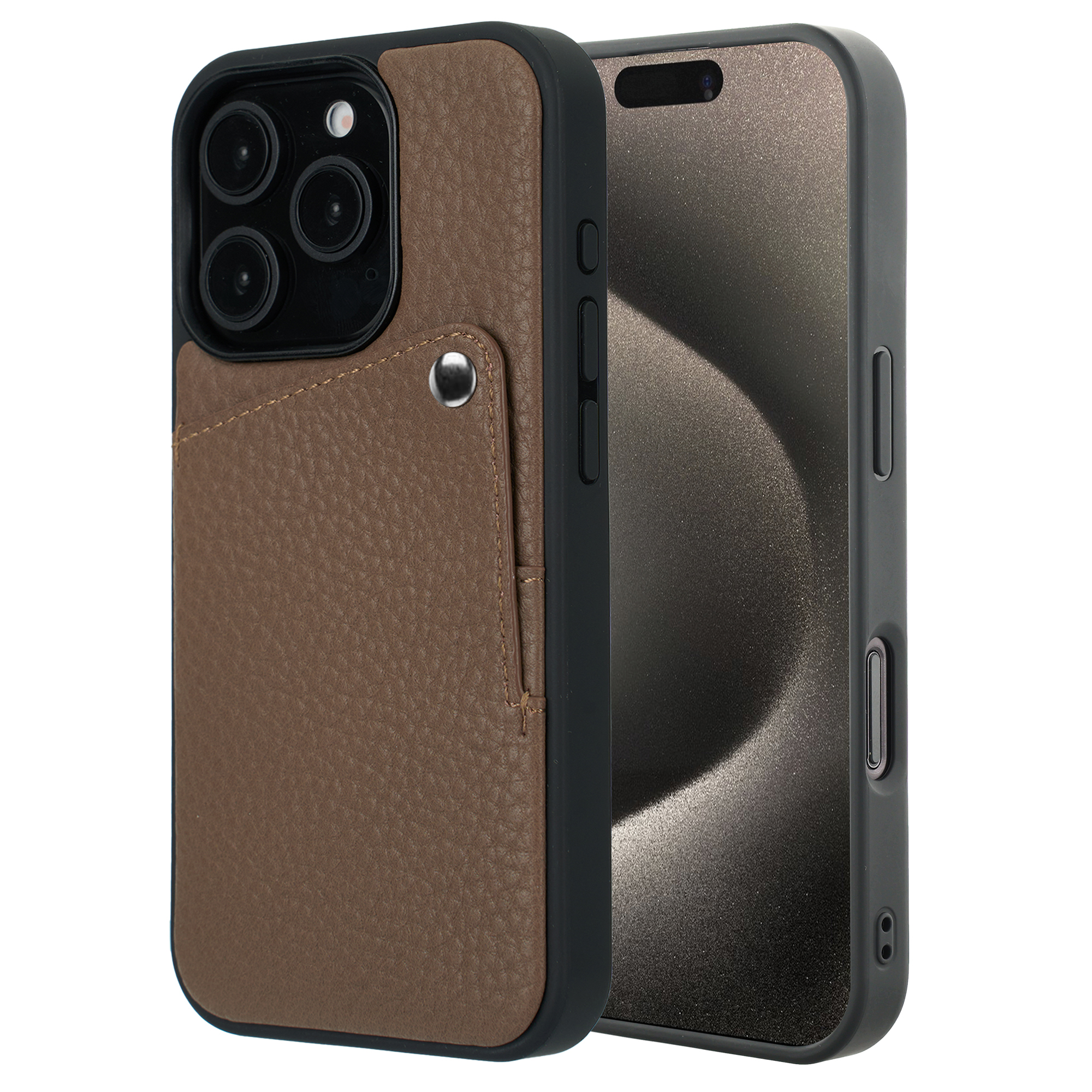 Coque de téléphone en cuir marron avec trois caméras et un emplacement pour carte.