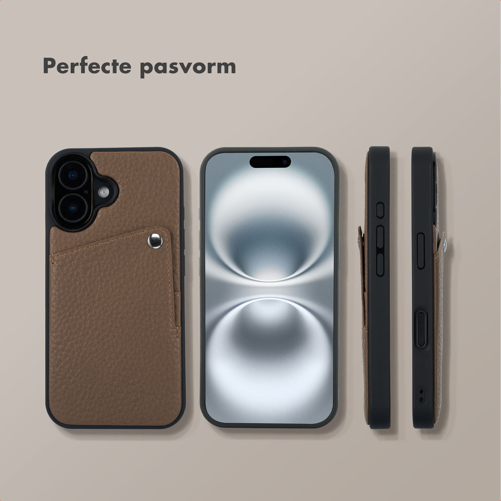 Un étui de téléphone en cuir marron avec un emplacement pour carte est présenté à côté d'un smartphone.