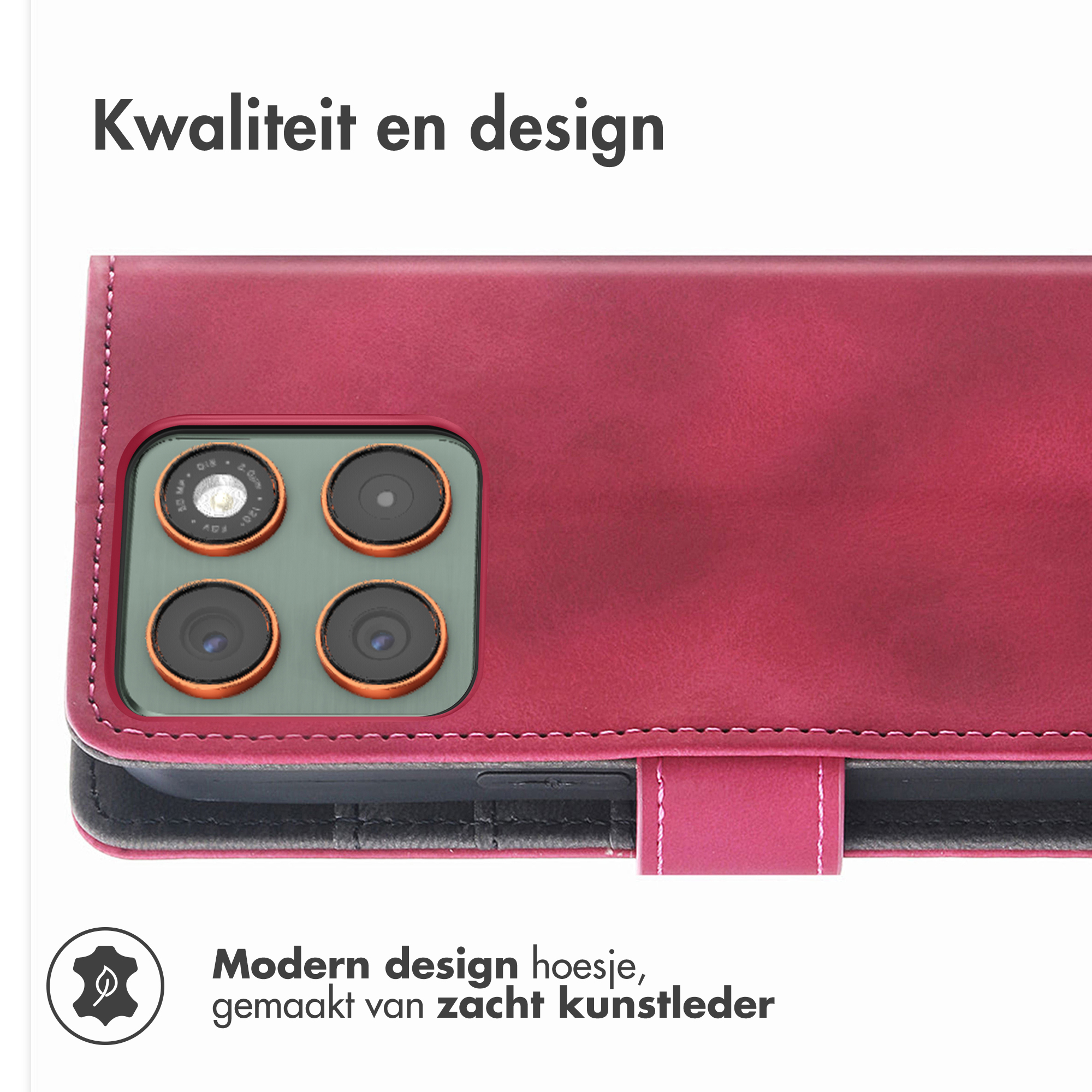 Rood leren telefoonhoesje met vier cameralenzen.